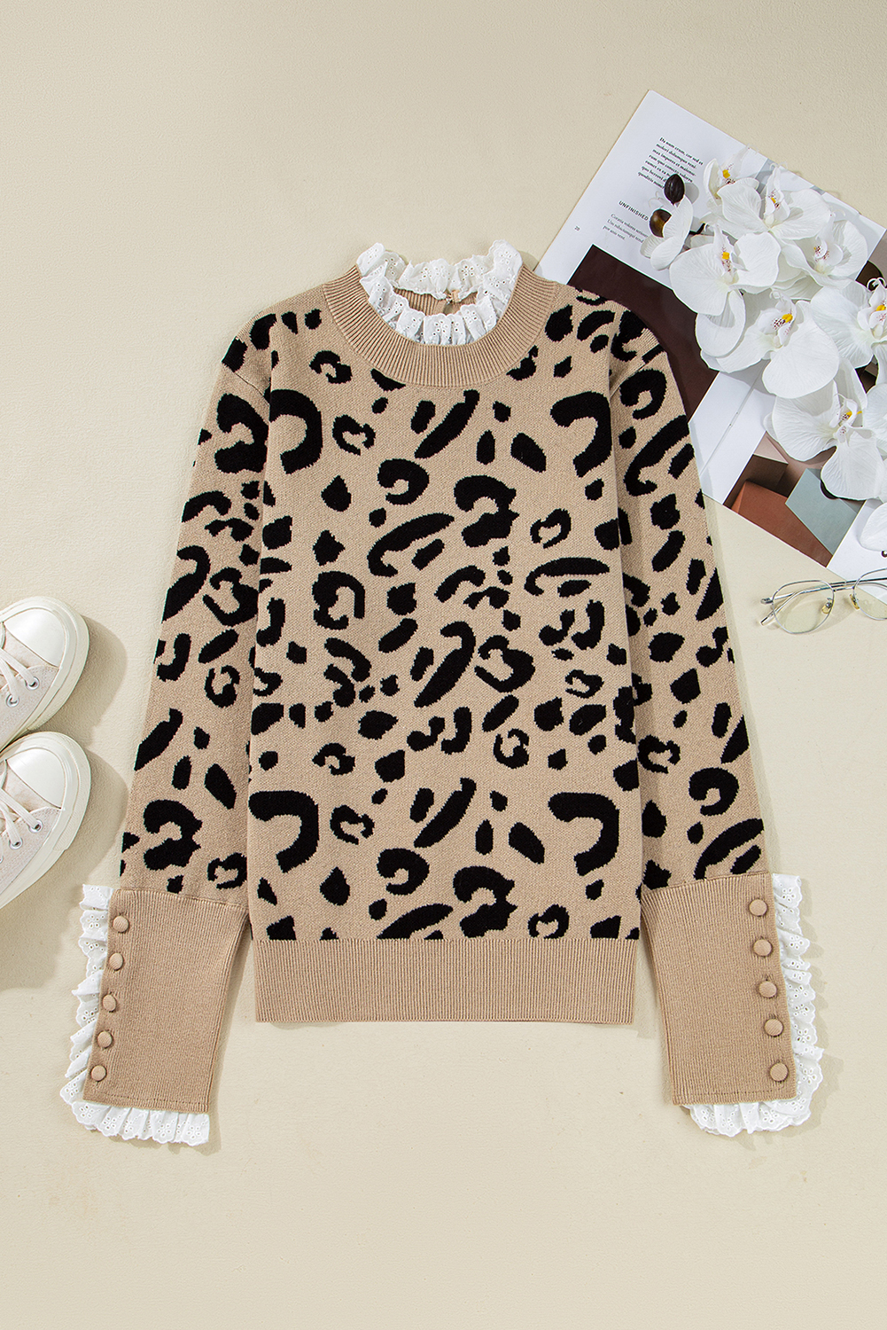 Dearlovers Brown Leopard Pattern Lace Ribbed Detail Button Cuffed Sweater - loveforevers