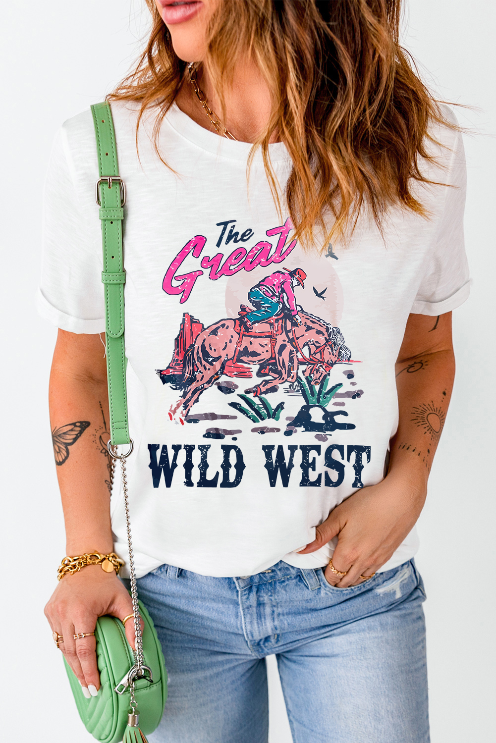 White The Great WILD WEST Rodeo Graphic Crew Neck T Shirt - loveforevers
