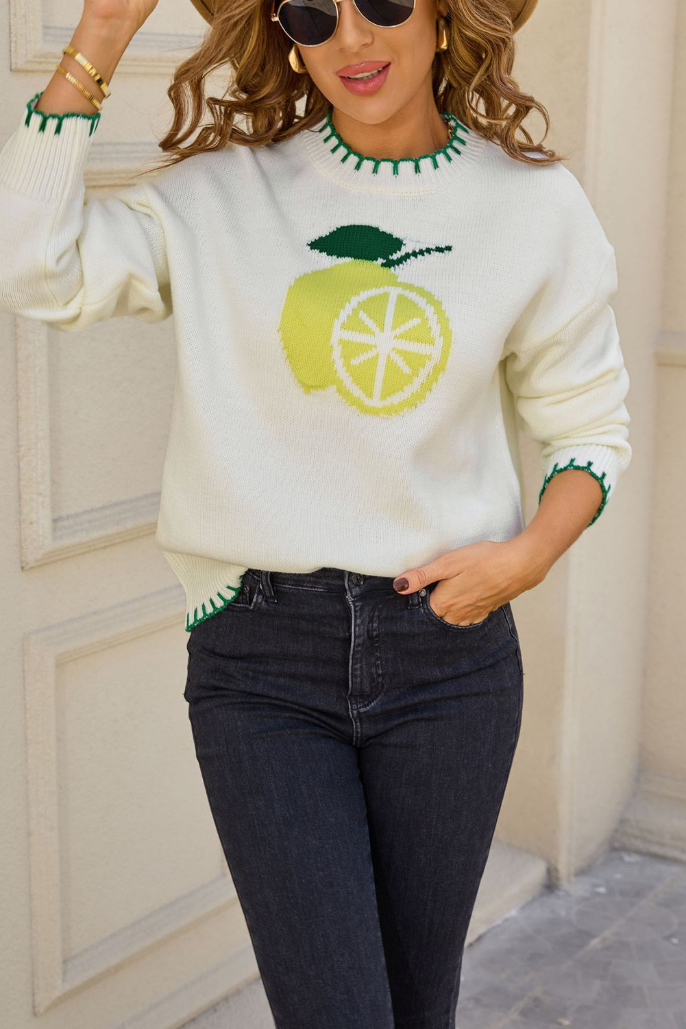 White Lemon Pattern Contrast Stitched Trim Drop Shoulder Sweater - loveforevers