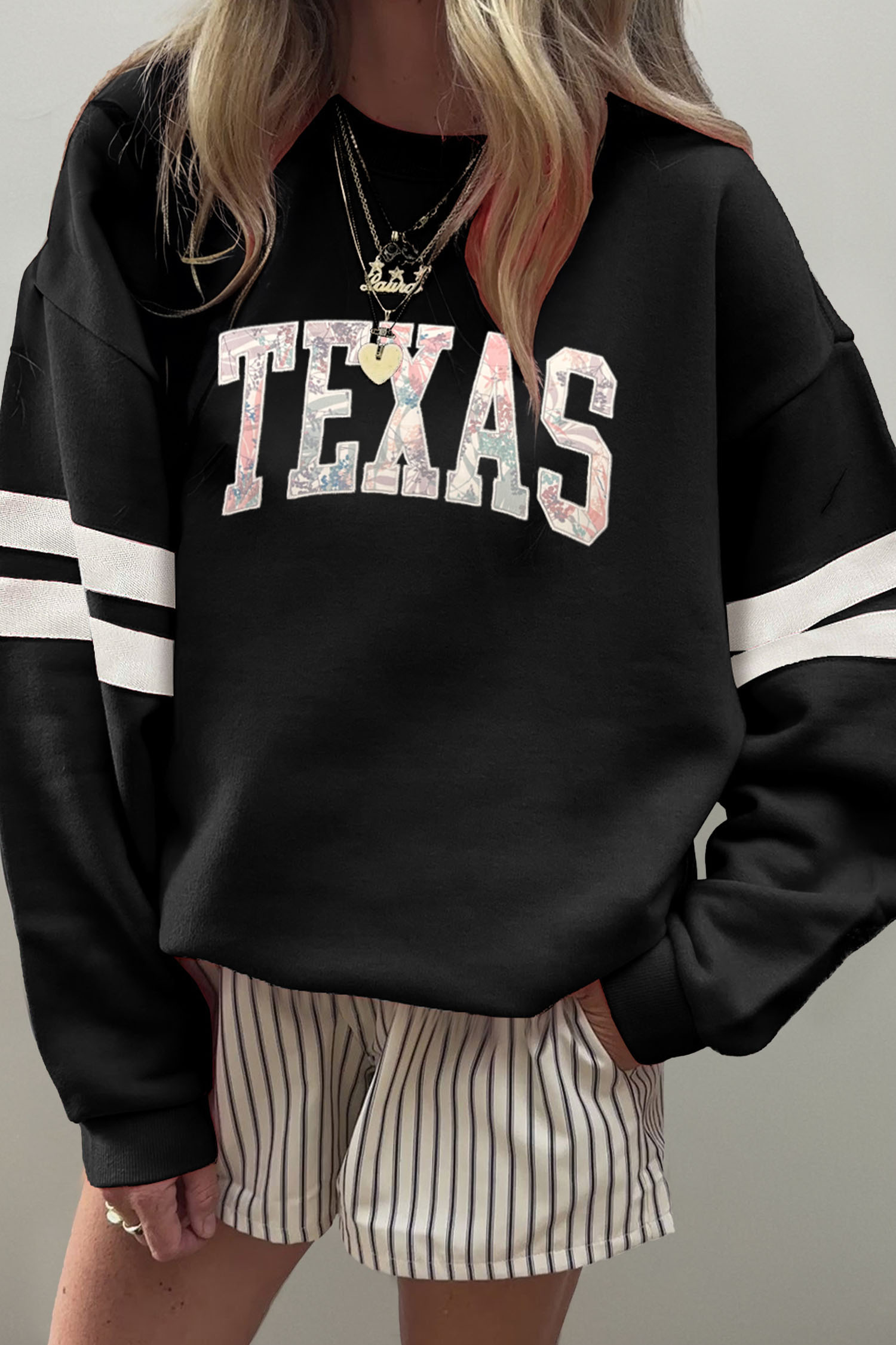 Black TEXAS Embroidered Trim Patched Graphic Oversized Varsity Sweatshirt - loveforevers