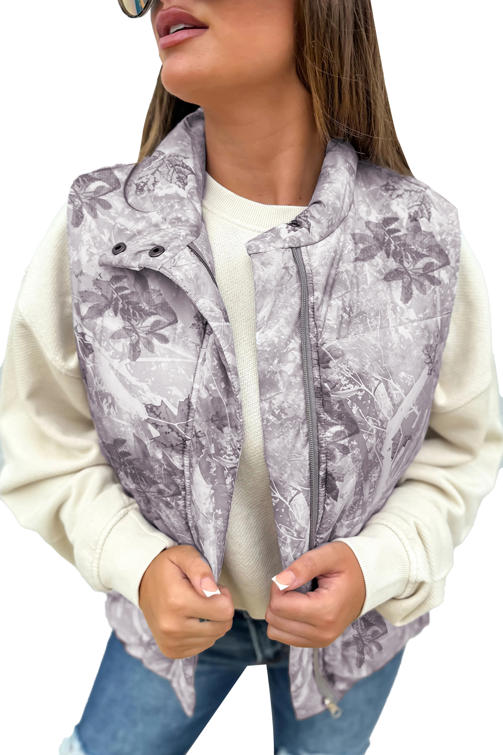 Brown Camo Leaf Print Winter Puffer Vest - loveforevers