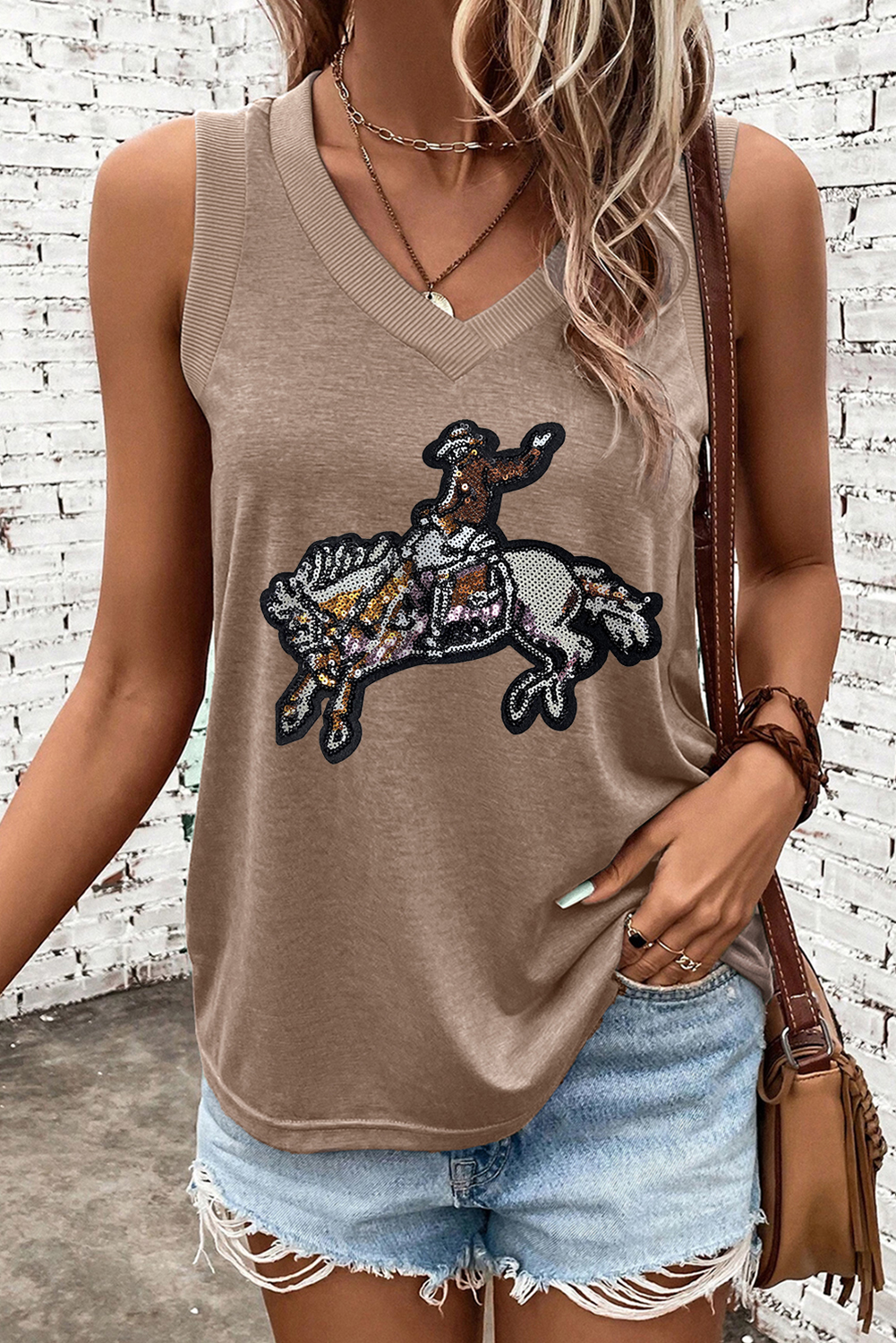 Simply Taupe Sequined Rodeo Graphic Western Fashion Tank Top - loveforevers