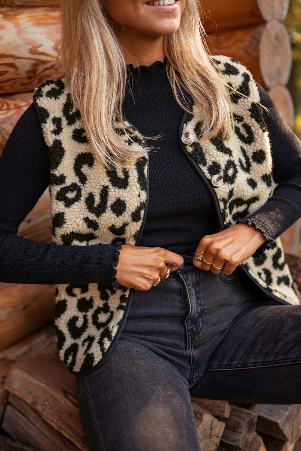 Black Leopard Print Sherpa Vest Coat - loveforevers