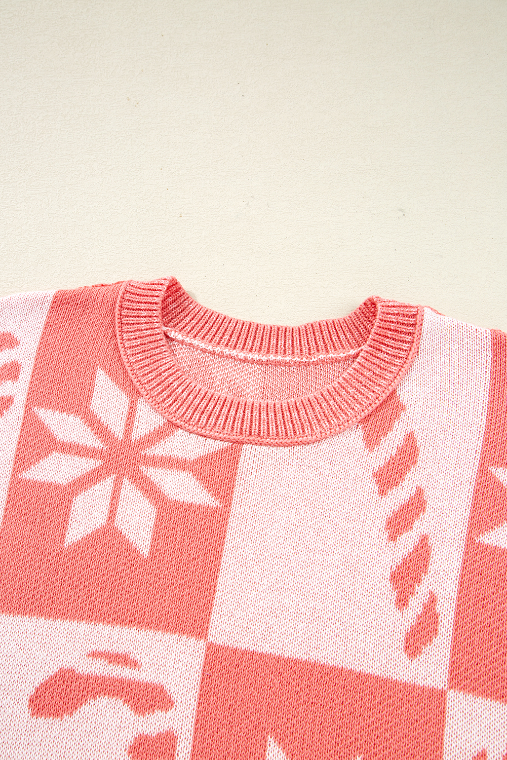 Pink Candycane Snowflake Checker Christmas Holiday Drop Shoulder Tunic Loose Sweater - loveforevers