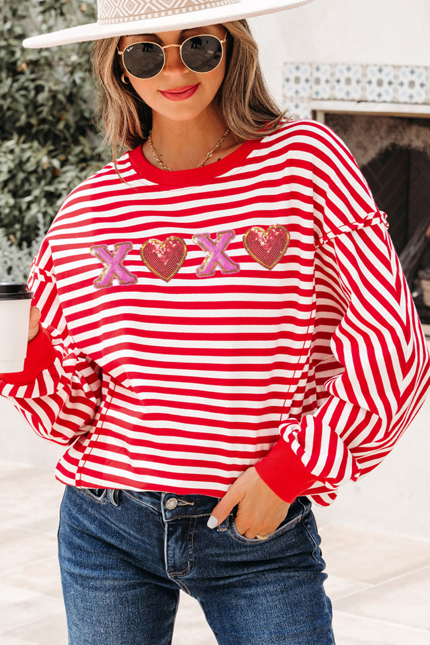 Red Stripe XOXO Sequin Heart Patched Valentines Day Long Sleeve Top - loveforevers