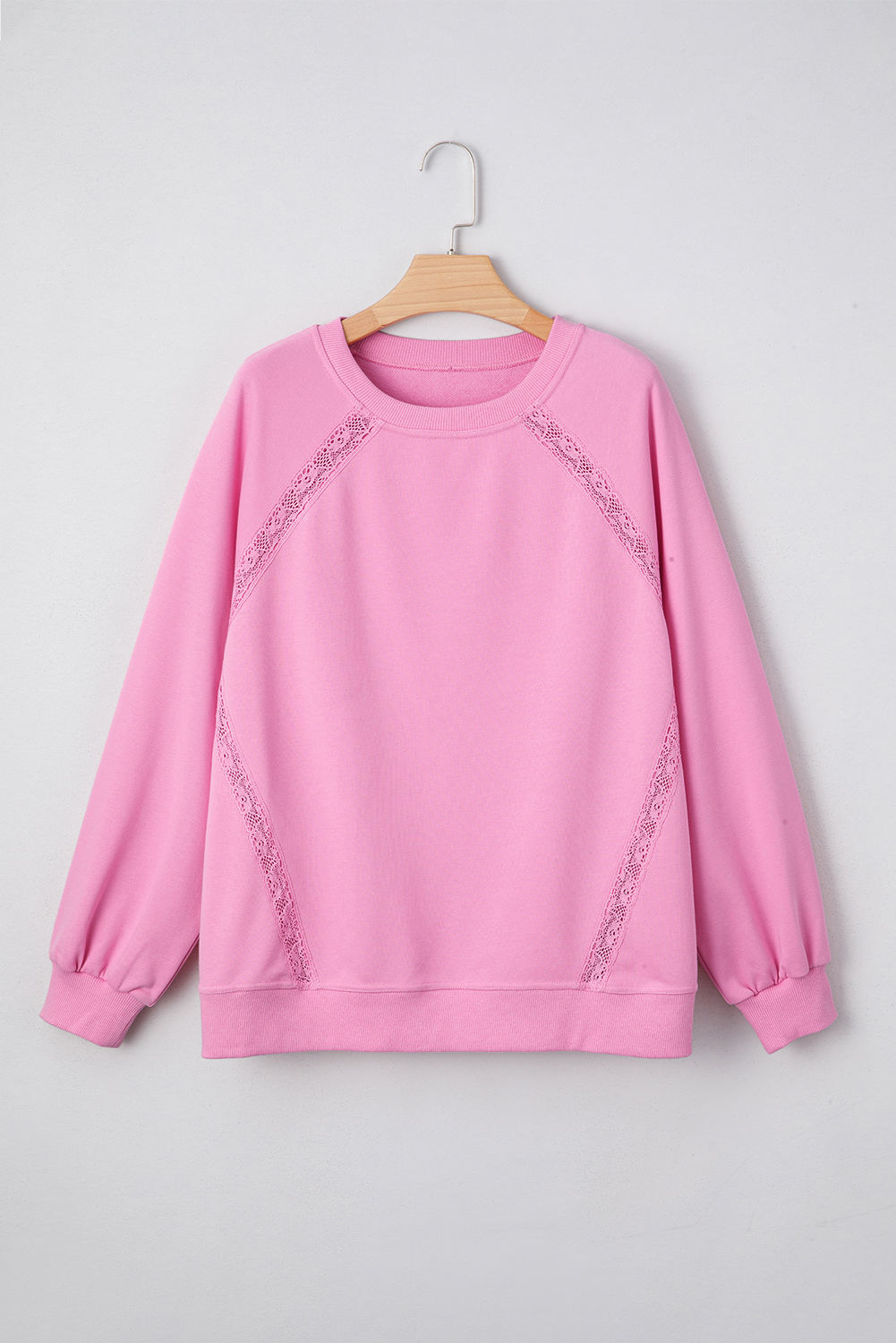Bright Pink Lace Patched Raglan Sleeve Loose Fit Sweatshirt - loveforevers