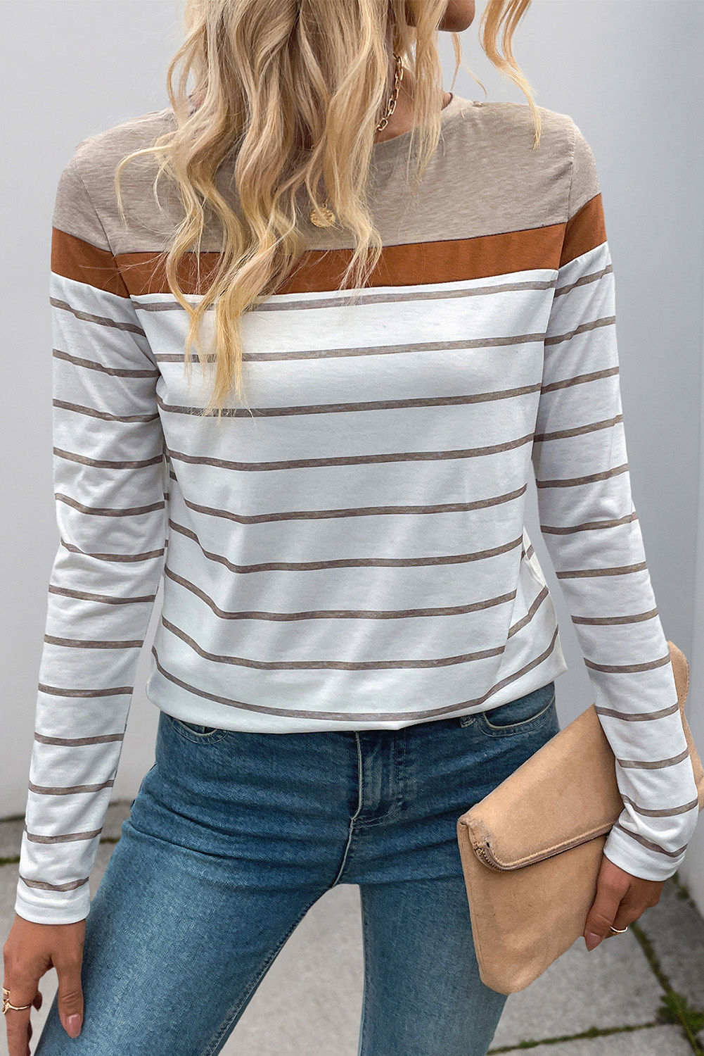 White Stripe Colorblock Long Sleeve Round Neck Tee - loveforevers