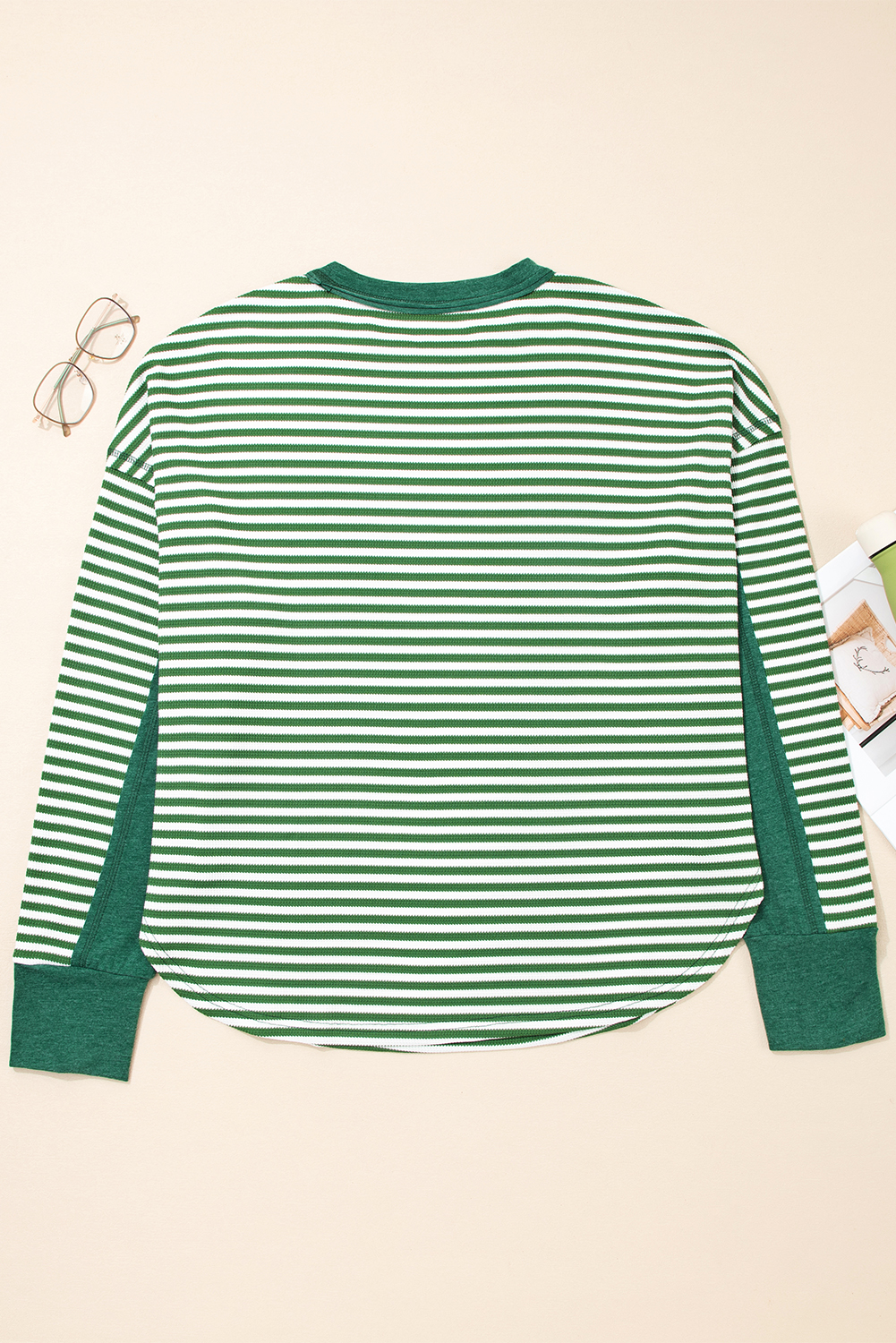 Dearlovers Green Stripe Thermal Knit Drop Shoulder Casual Top - loveforevers