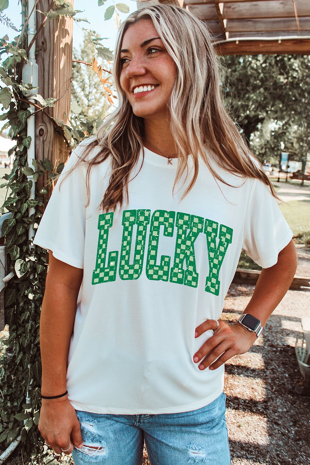 White Checkerboard LUCKY Graphic St Patrick Tee - loveforevers