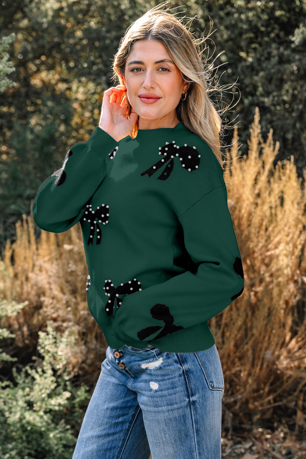 Bright Pink Pearl Embellished Bow Pattern Loose Sweater - loveforevers