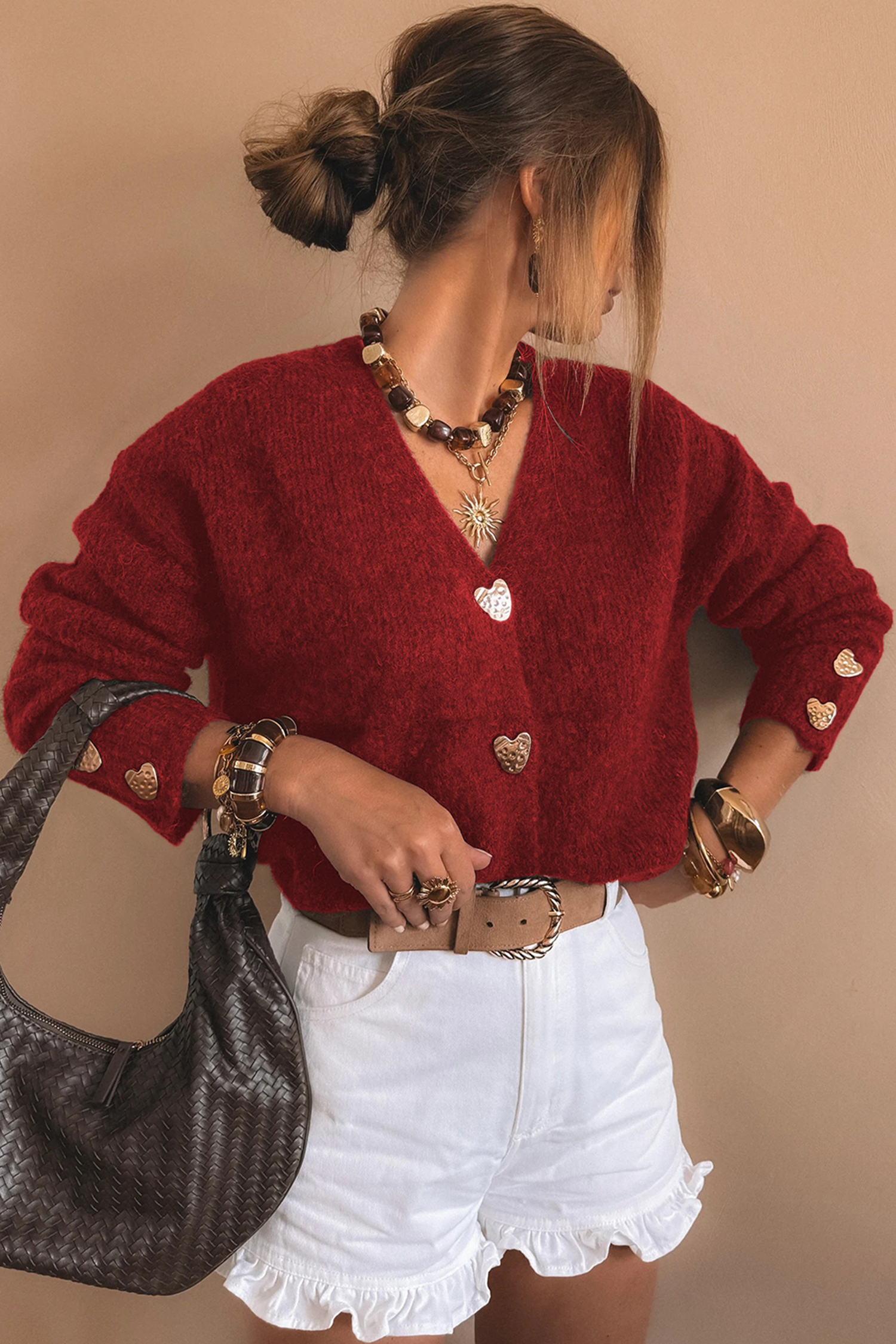 Fiery Red Heart Metal Button V Neck Cardigan Sweater - loveforevers