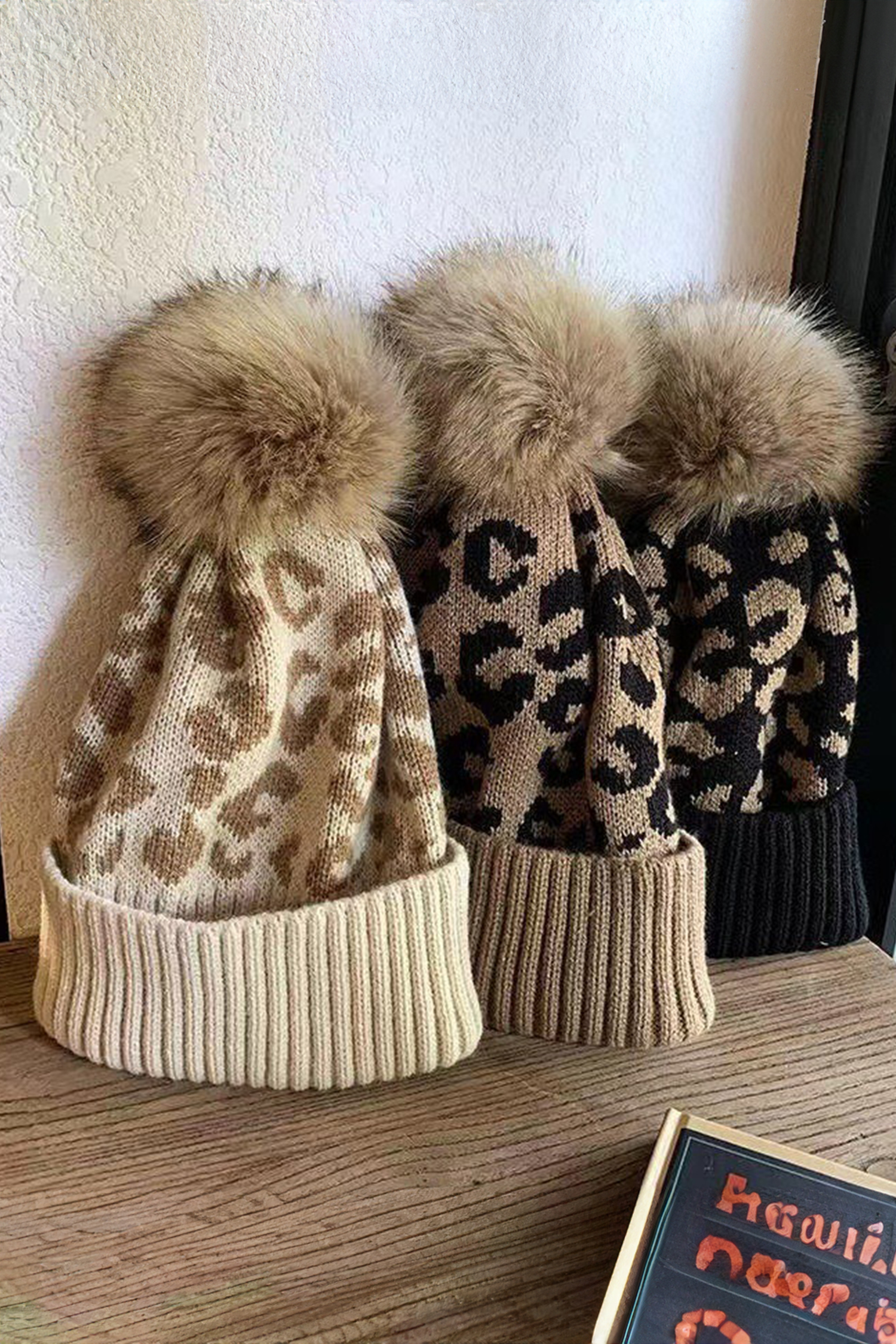 Light French Beige Faux Fur Pompom Leopard Knit Beanie - loveforevers