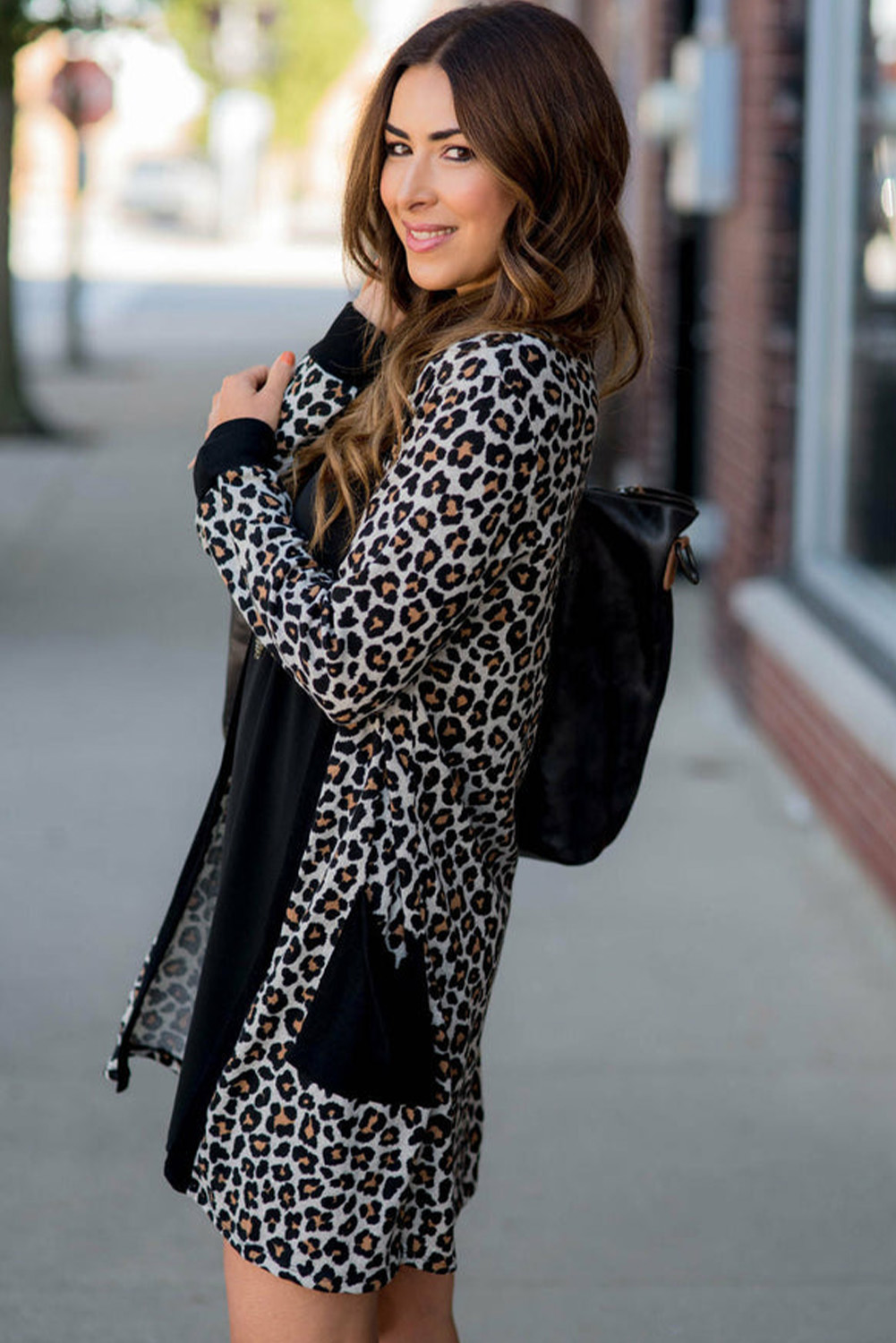 Black Leopard Patched Pocket Open Front Cardigan - loveforevers