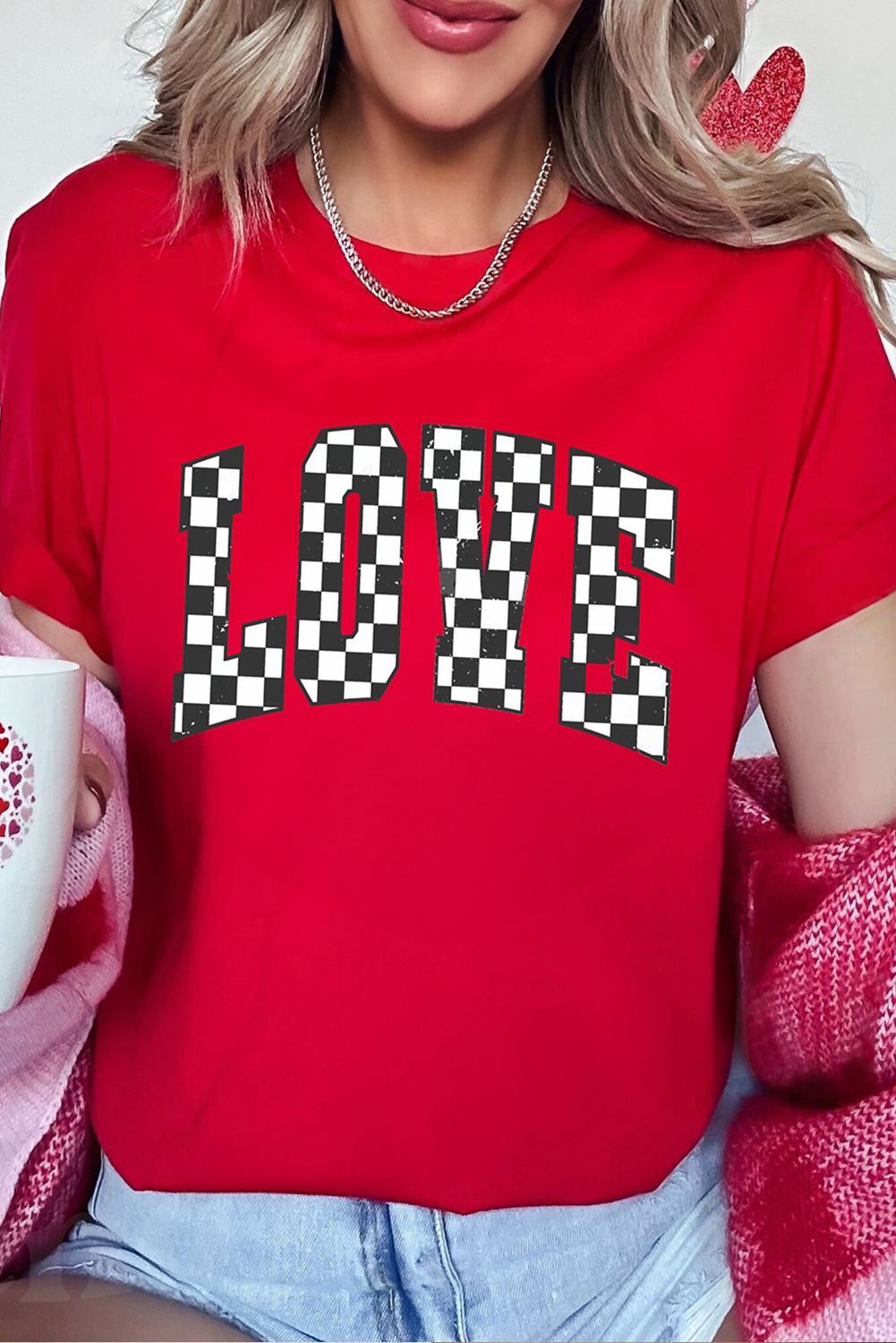 Red Checkered LOVE Letter Graphic Valentines T Shirt - loveforevers