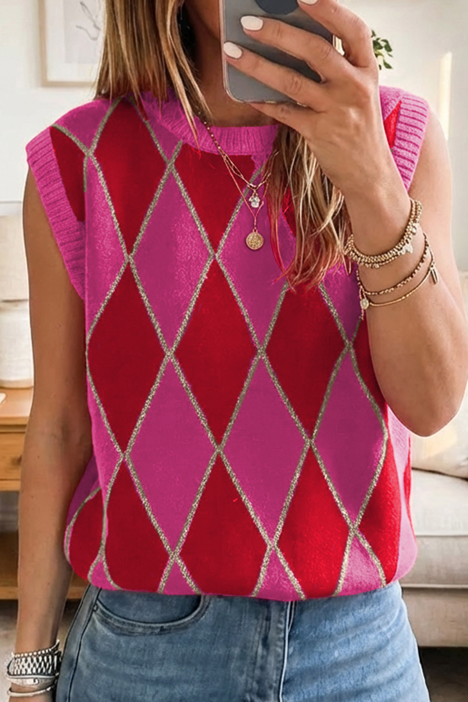 Rose Glitter Trim Rhombus Pattern Knit Sweater Vest - loveforevers