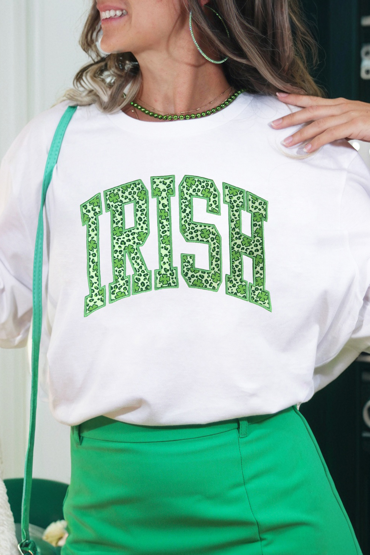 White IRISH Leopard Clover Embroidered Patch Graphic Tee - loveforevers