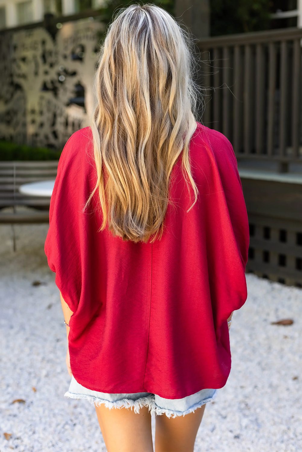Racing Red Braided Trim V Neck Half Sleeve Blouse - loveforevers