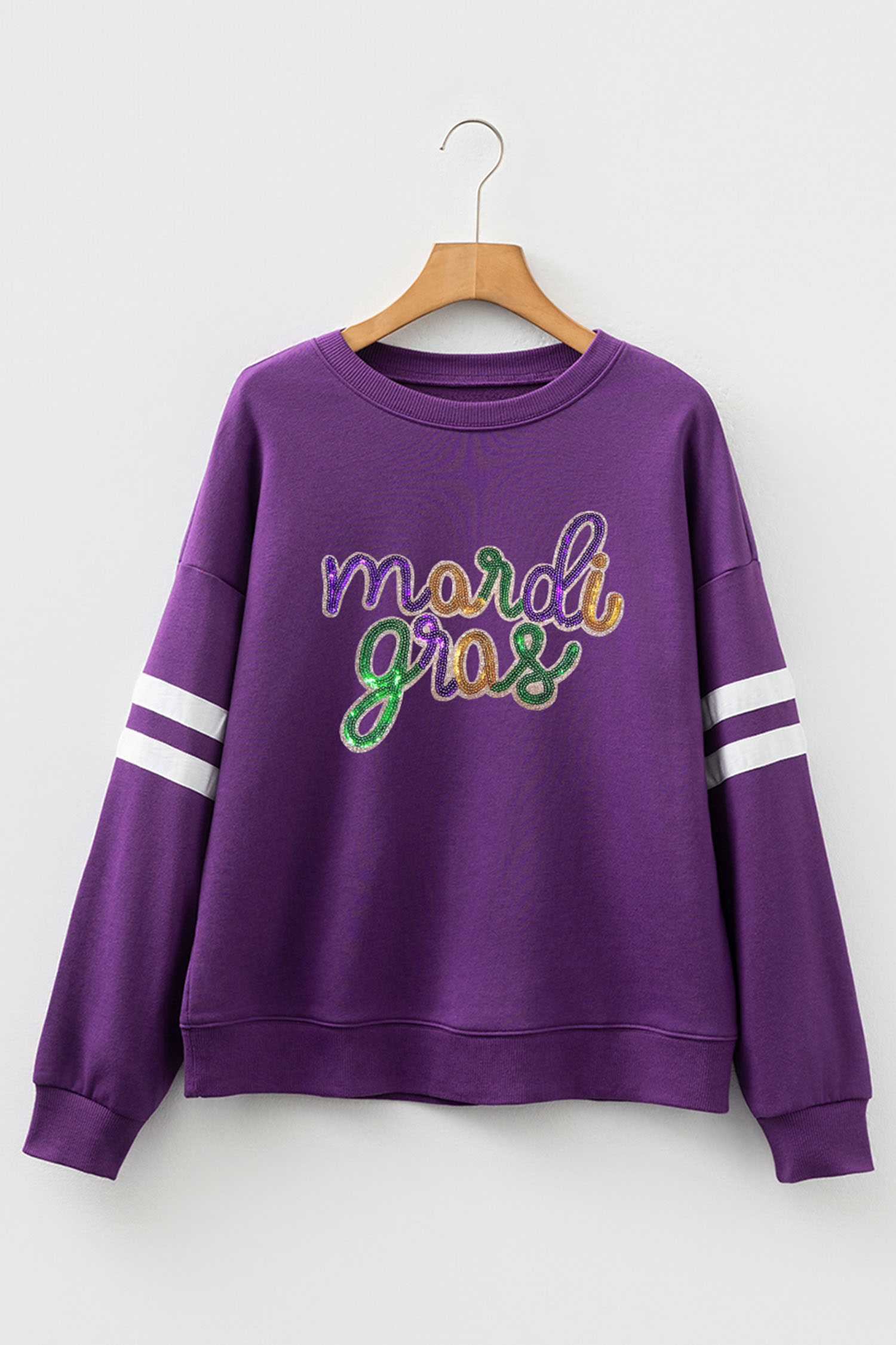 Black Sequin Mardi Crown Dropped Shoulder Varsity Sweatshirt - loveforevers