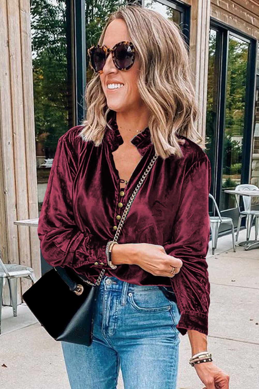 Burgundy Frilled Neck Buttoned Front Velvet Top - loveforevers