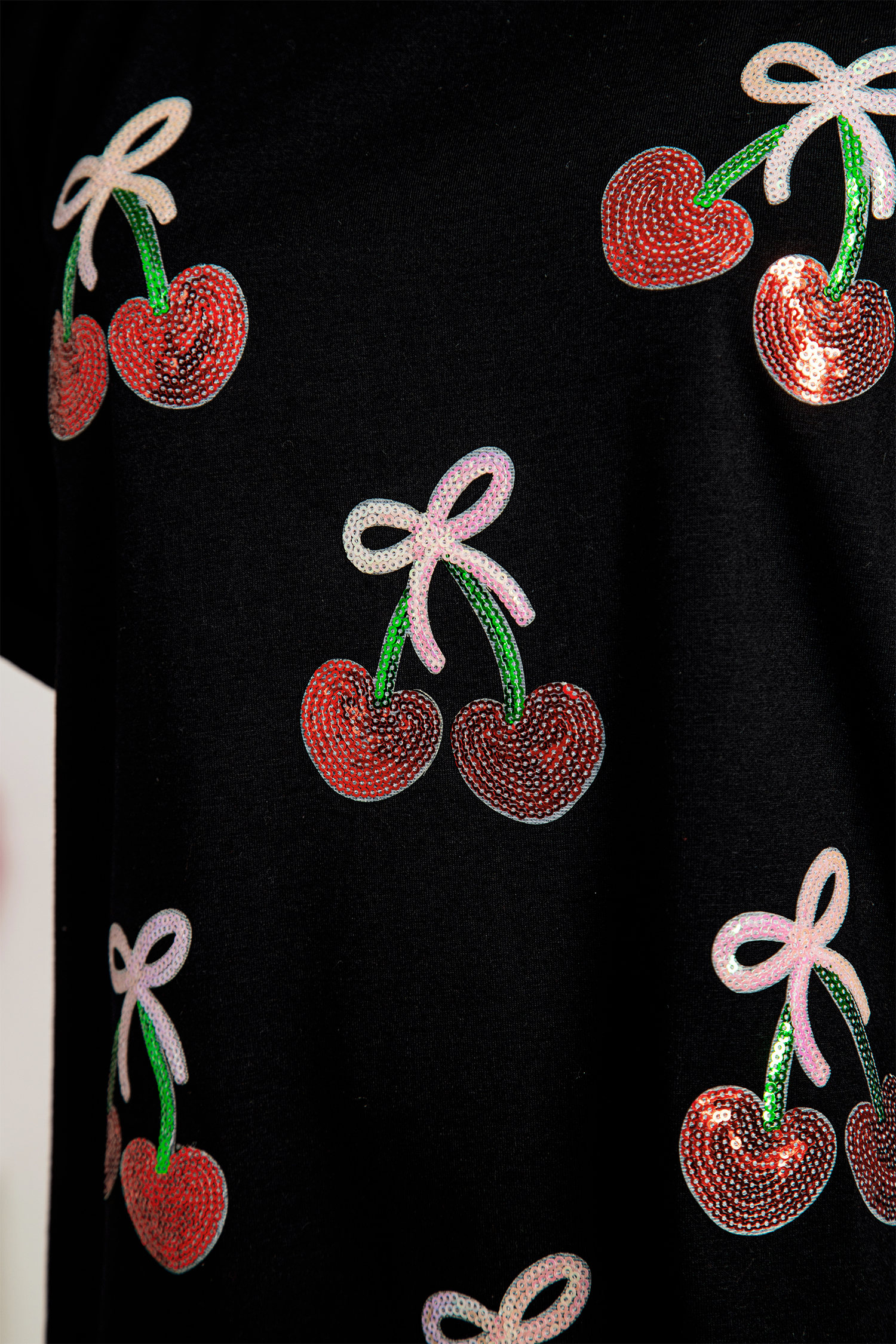 Black Sequin Bow Cheery Patched Valentines Graphic Tee - loveforevers