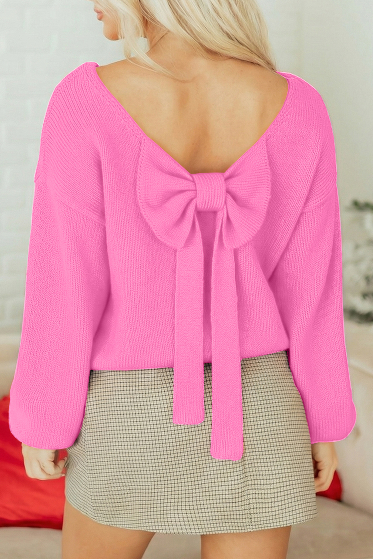Bonbon Festive Bow Backless Bubble Sleeve Sweater - loveforevers