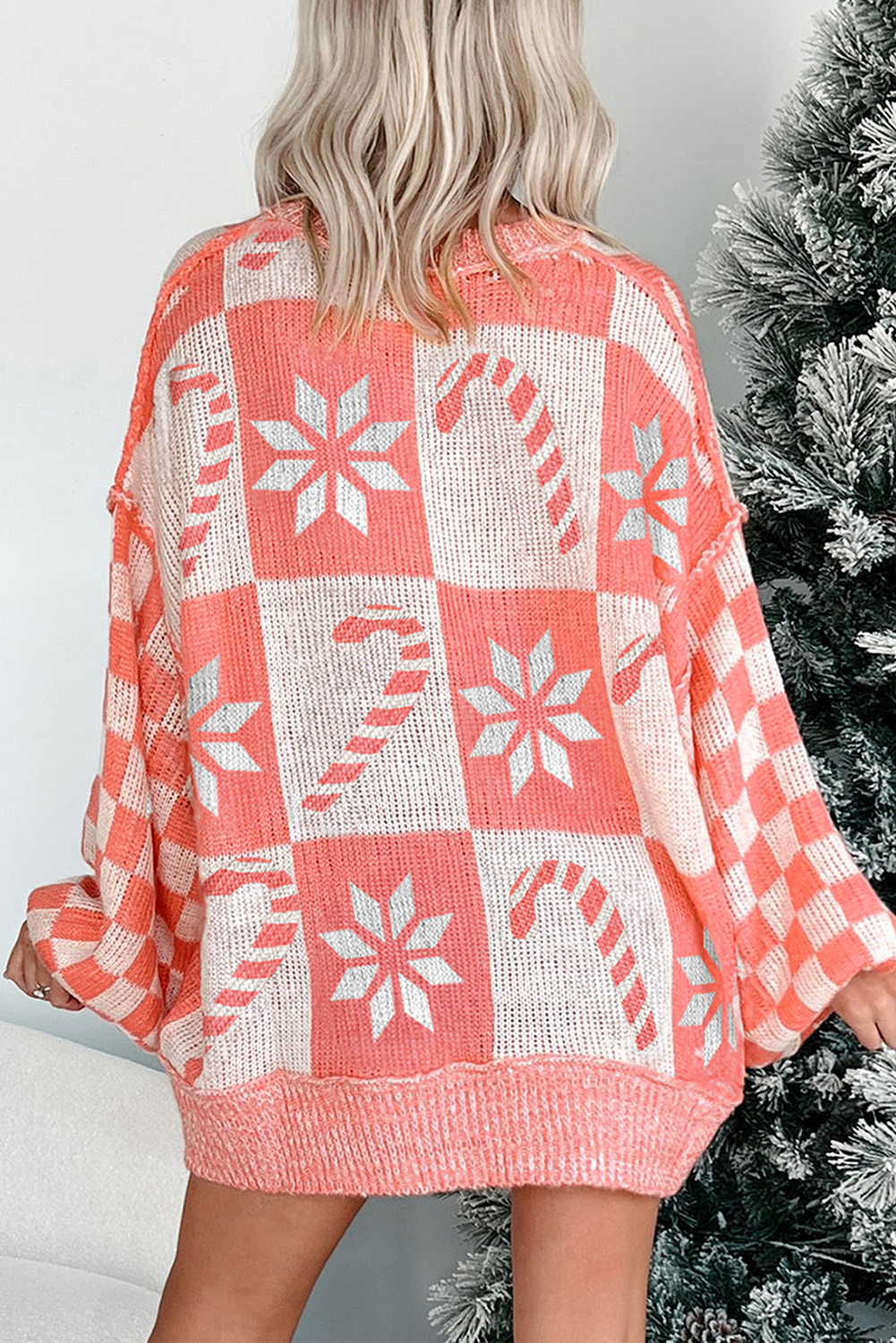 Pink Candycane Snowflake Checker Christmas Holiday Drop Shoulder Tunic Loose Sweater - loveforevers