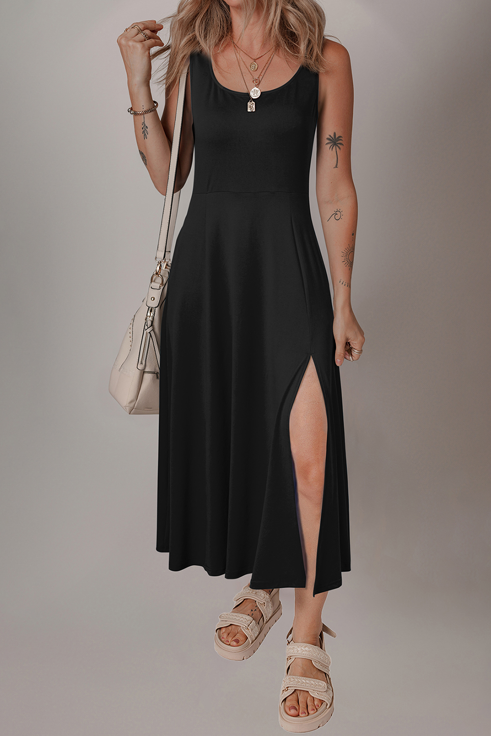 Black Sleeveless Scoop Neck Flared Split Midi Dress - loveforevers