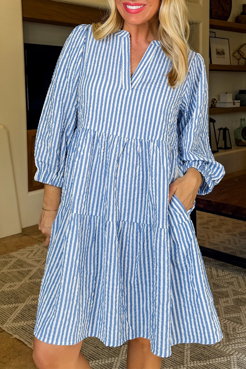 Sky Blue Stripe Bracelet Sleeve Tiered Shift Dress with Pockets - loveforevers