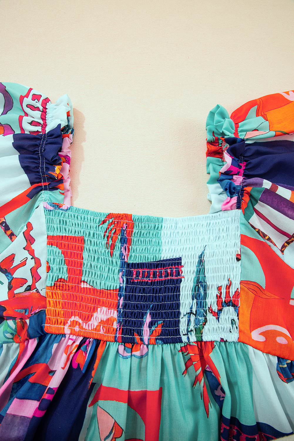 Sky Blue Tropical Printed Square Neck Flutter Sleeve Babydoll Blouse - loveforevers