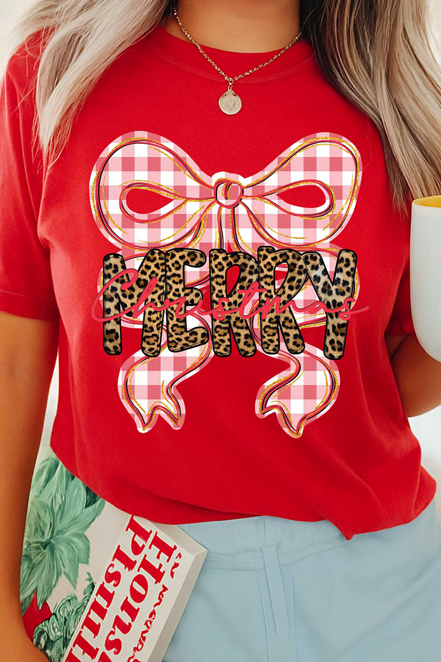 Red Leopard Merry Christmas Plaid Bow Graphic Holiday T Shirt - loveforevers