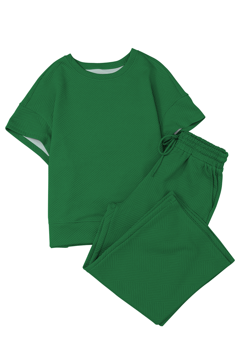 Dark Green Textured Loose Fit T Shirt and Drawstring Pants Set - loveforevers