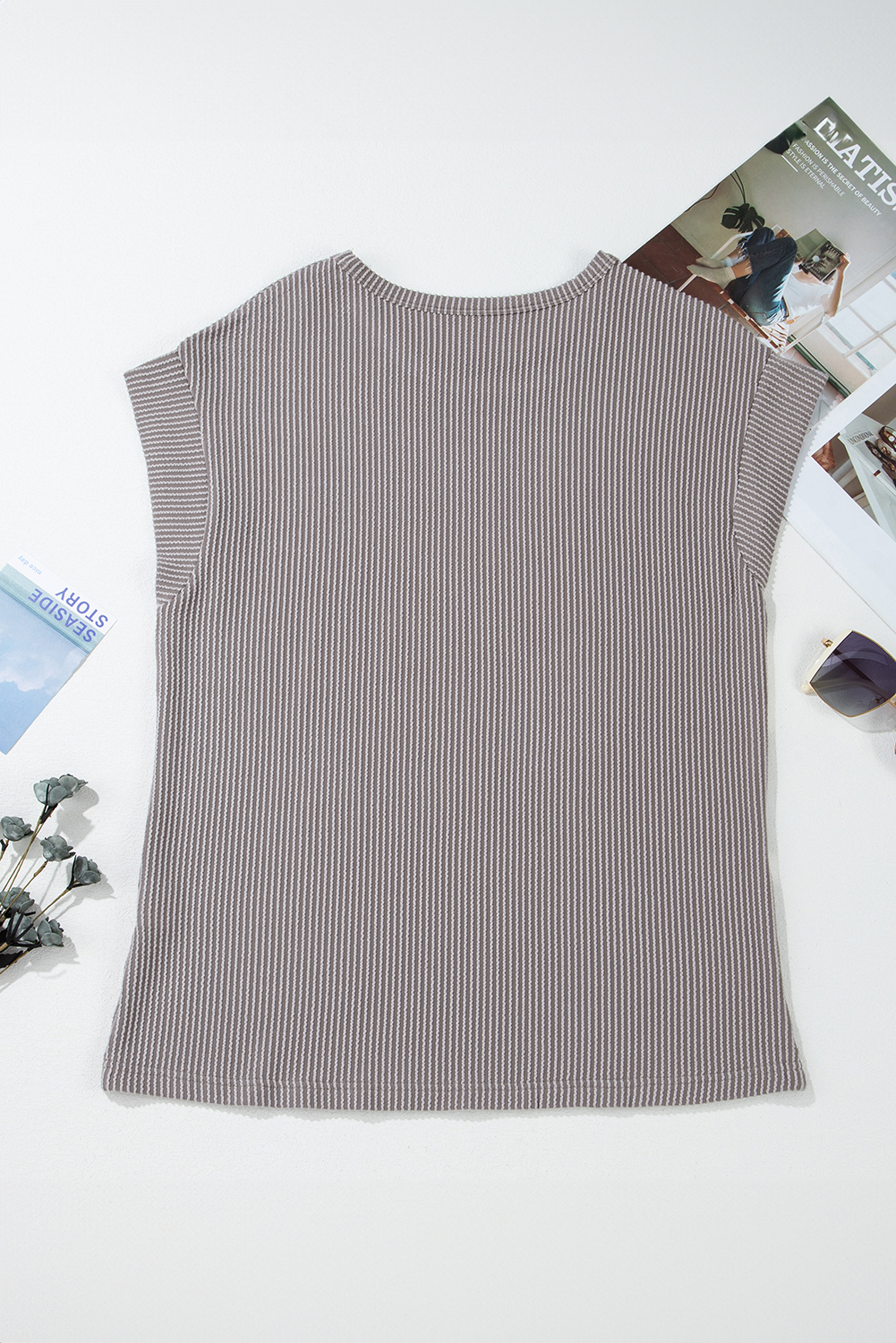 Gray Twisted Rib Wide Sleeve Crew Neck T Shirt - loveforevers
