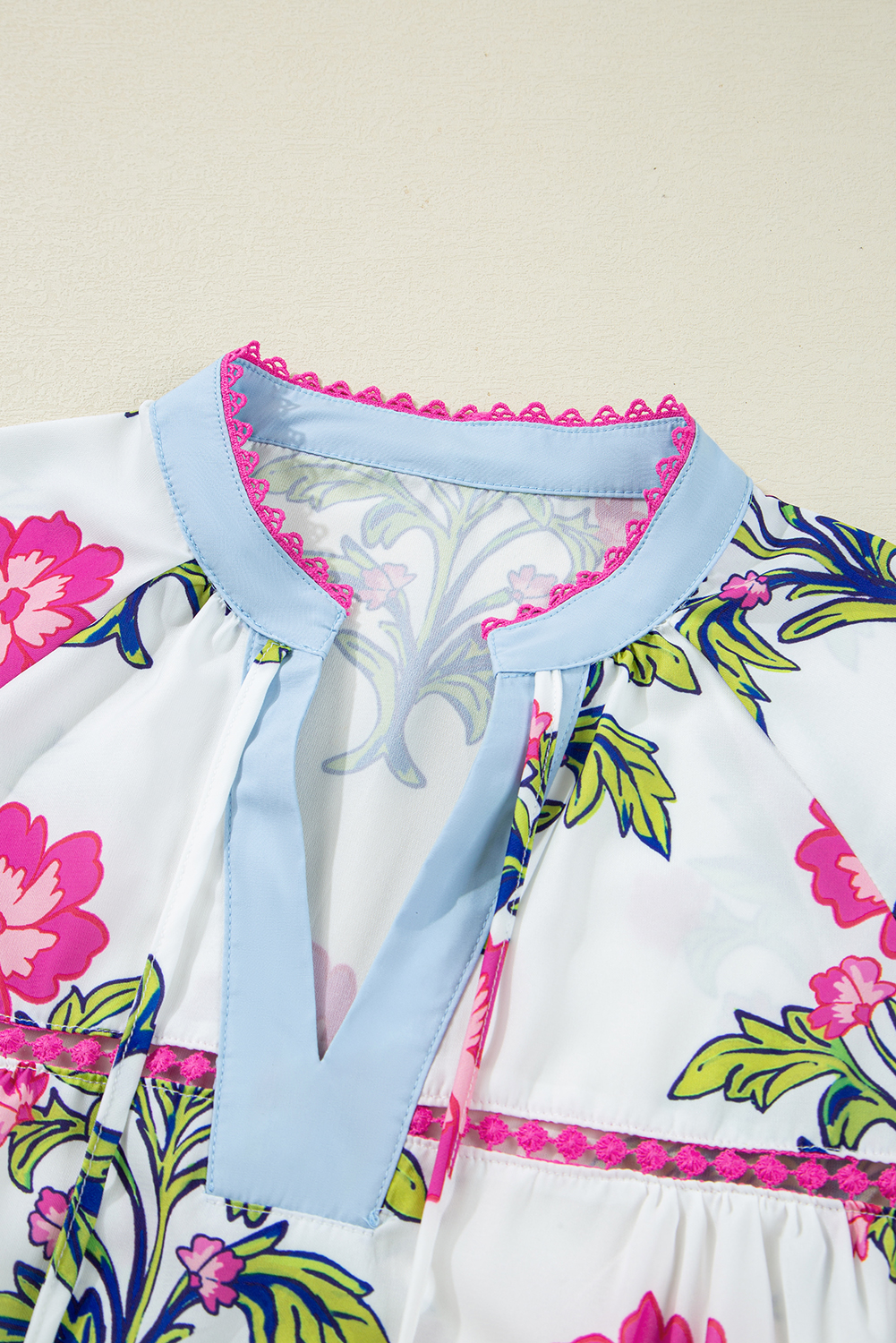 Rose Vintage Floral Print Contrast Notched V Neck Plus Size Summer Blouse - loveforevers