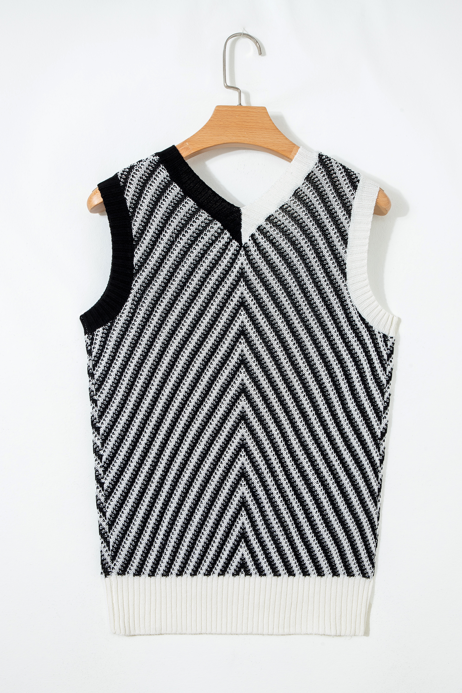 Black Contrast Chevron Knit V Neck Sweater Vest - loveforevers