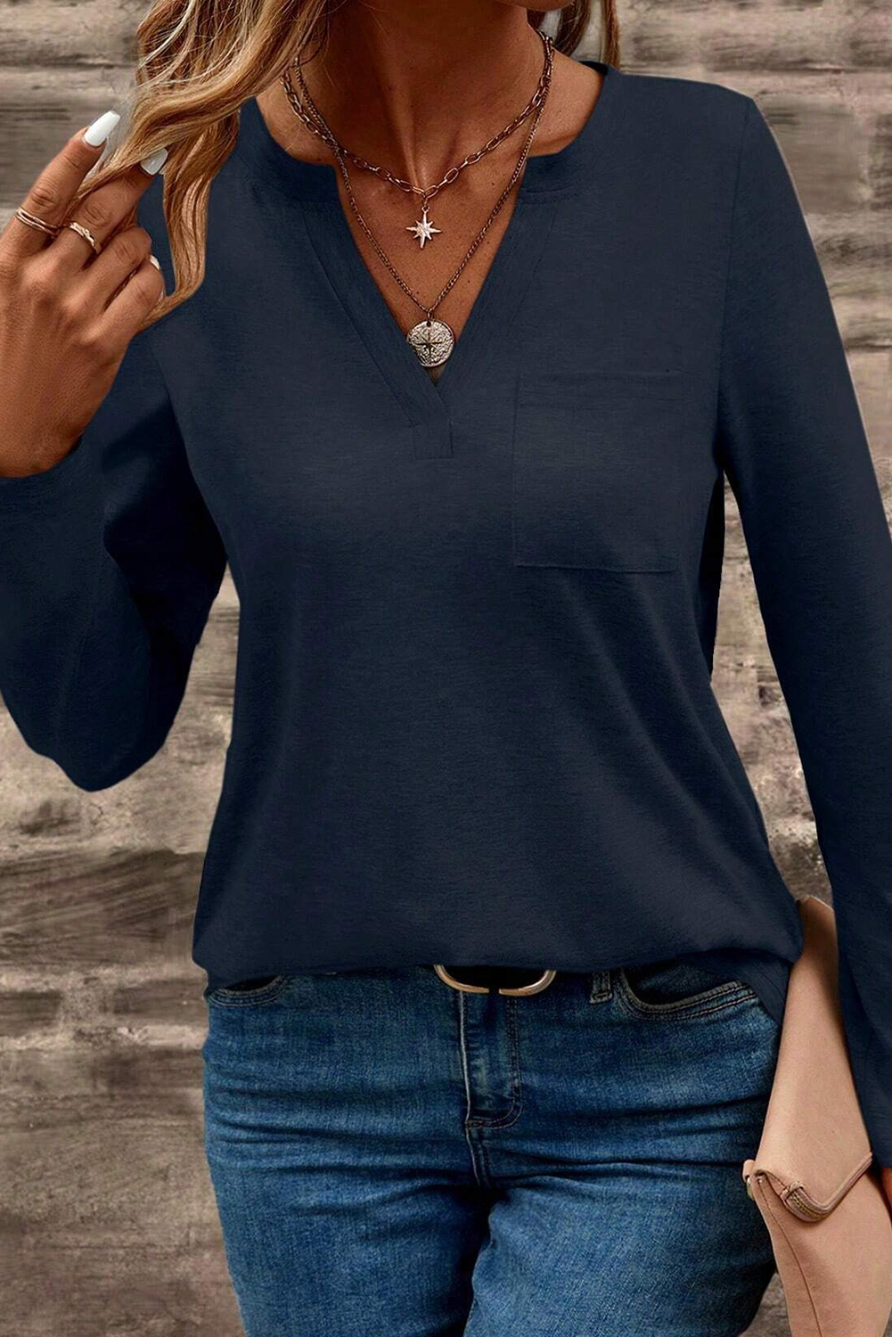 Dirty blue Notch V Neck Pocket Patched Long Sleeve T Shirt - loveforevers