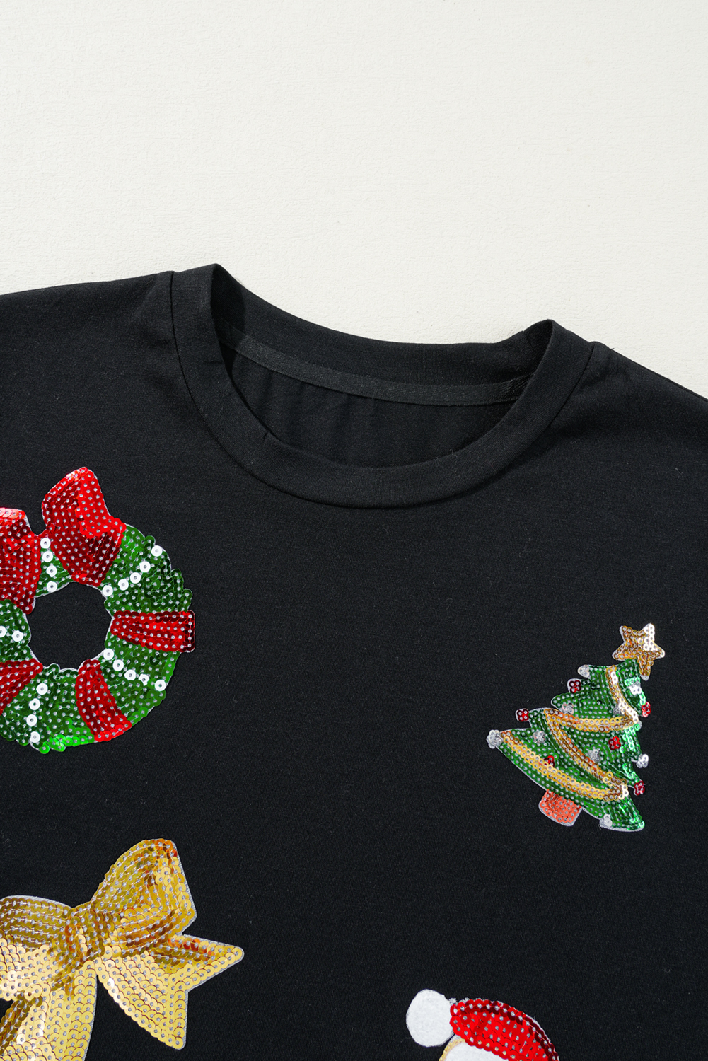 Black Sequin Christmas Essentials Graphic Crewneck T Shirt - loveforevers