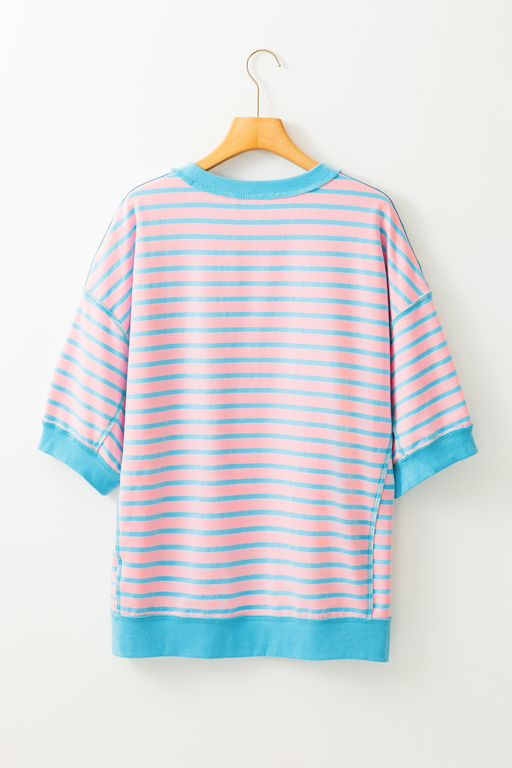 Pink Stripe Easter Rabbit Graphic Contrast Banded Drop Shoulder Tee - loveforevers