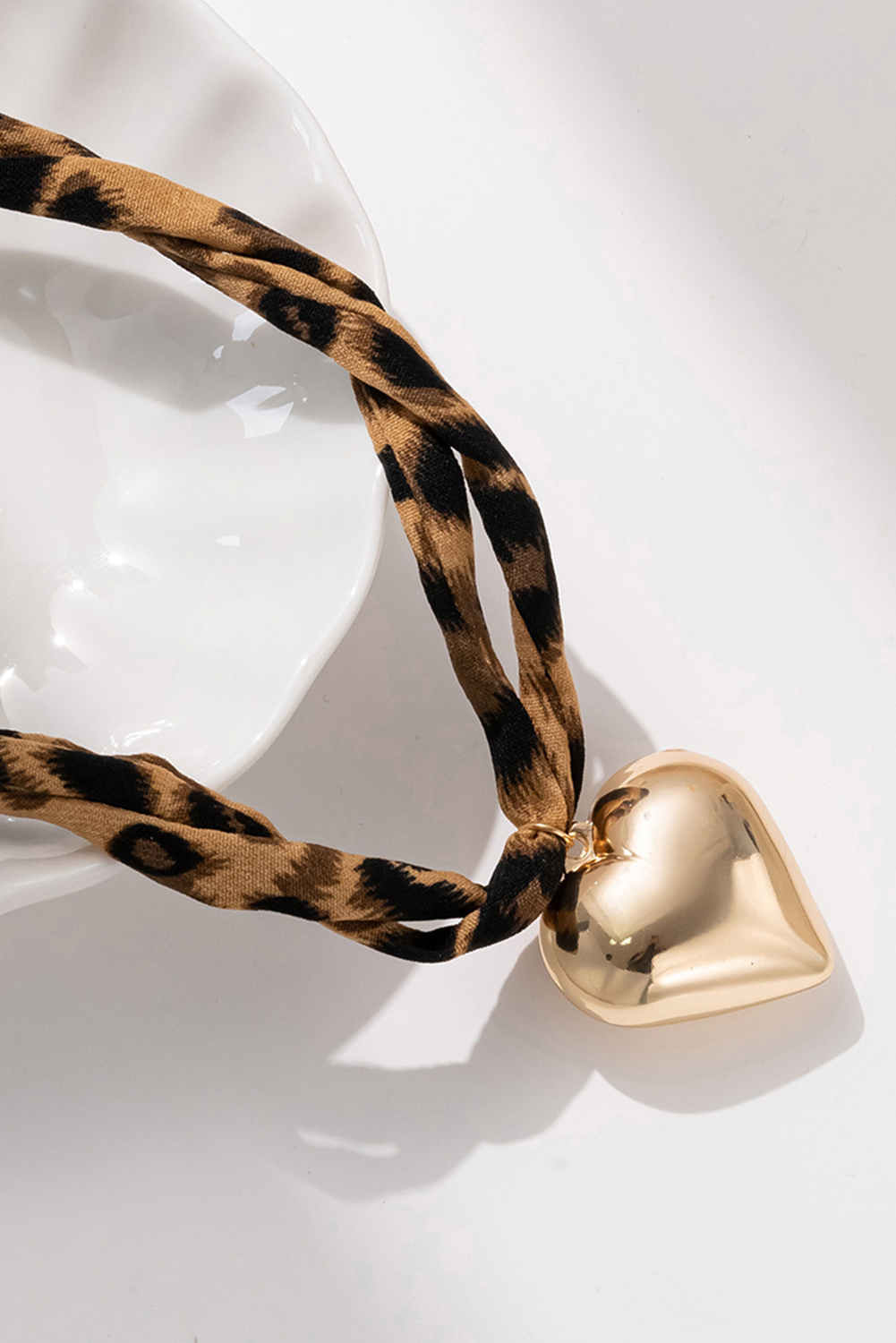 Gold Puffy Heart Charm Leopard Scarf Necklace - loveforevers
