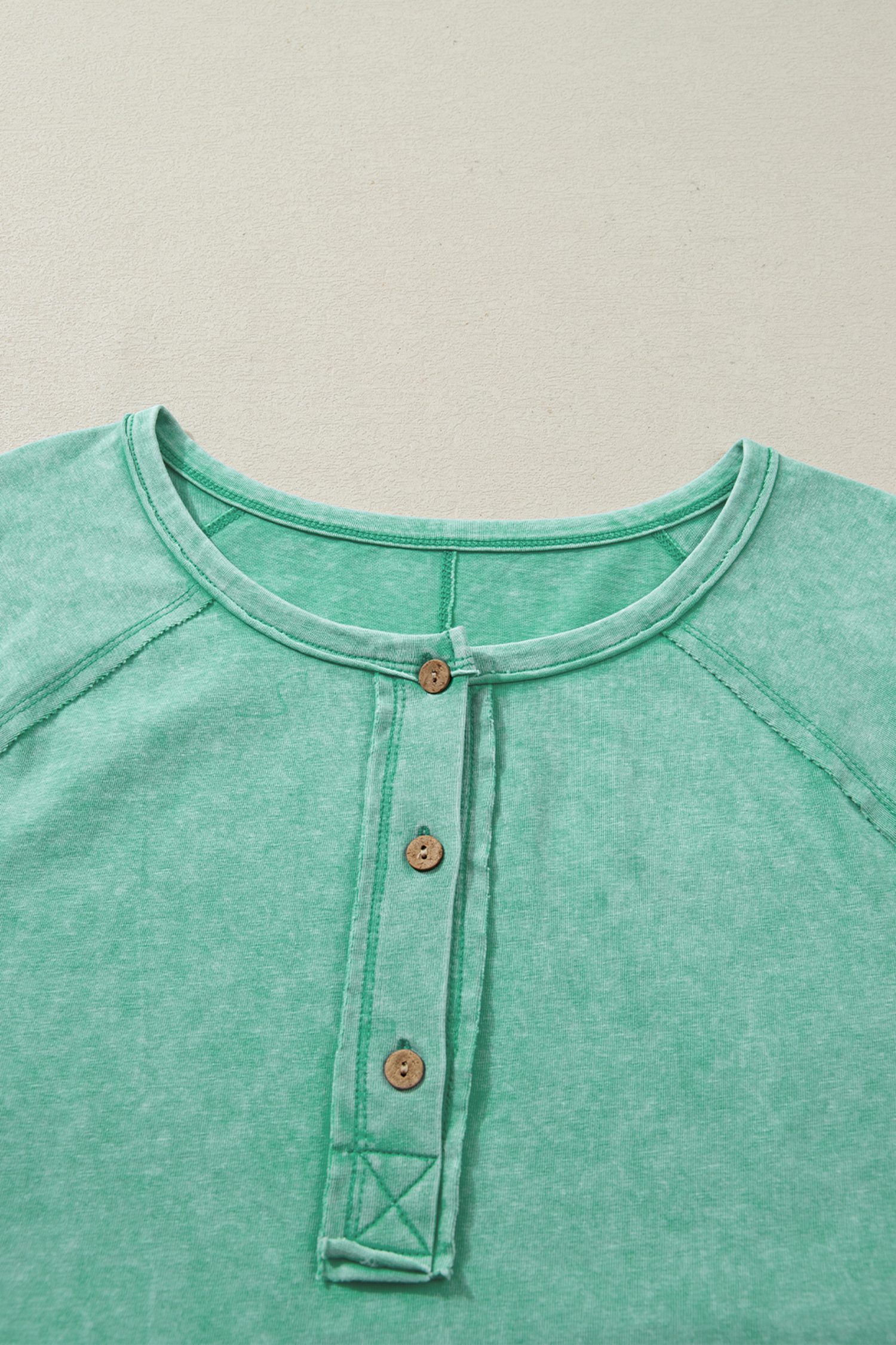 Mint Green Half Buttons Raw Seam Raglan Sleeve Mineral Wash T Shirt - loveforevers