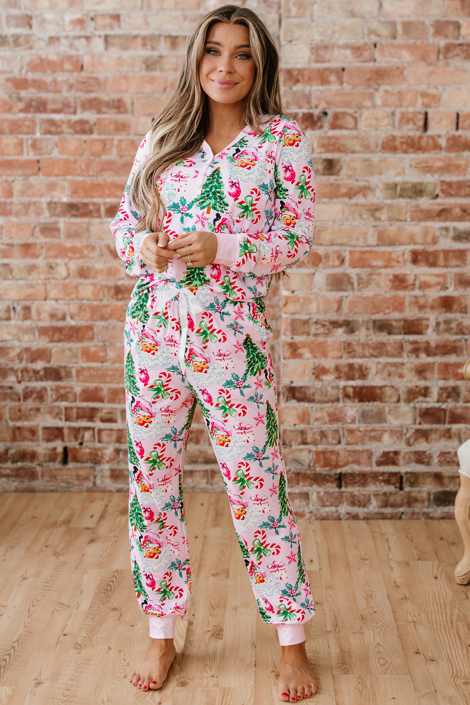 White Christmas Pattern Button V Neck Pullover Drawstring Pants 2pcs Lounge Set - loveforevers