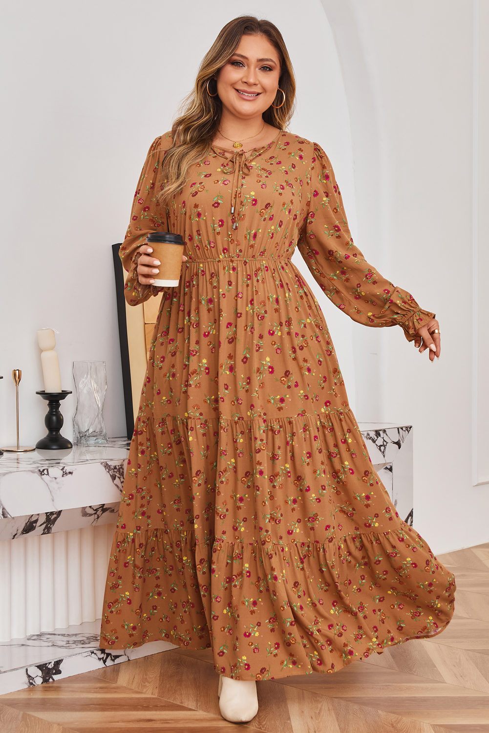 Brown Plus Size Floral Split V Neck Ruffled Sleeve Tiered Maxi Dress - loveforevers