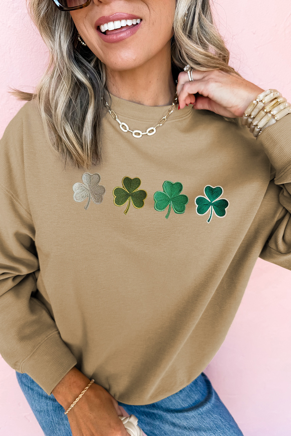 Khaki Embroidered Clover Pattern St Patrick Pullover Sweatshirt - loveforevers