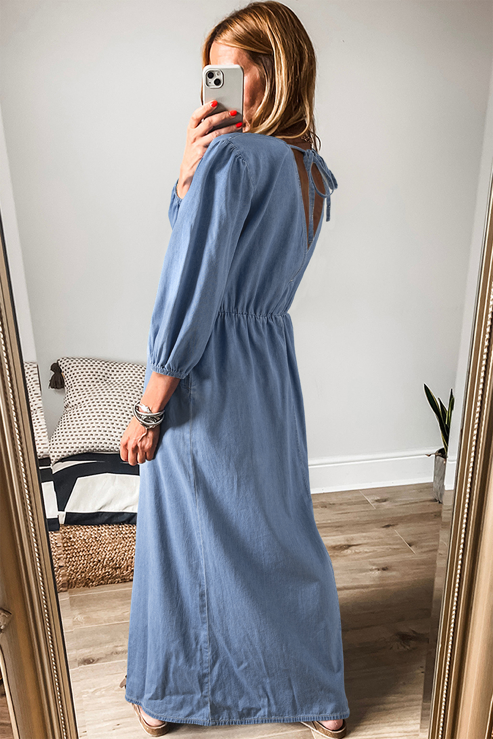 Myosotis Chambray Deep V Neck Bracelet Sleeve Maxi Dress - loveforevers