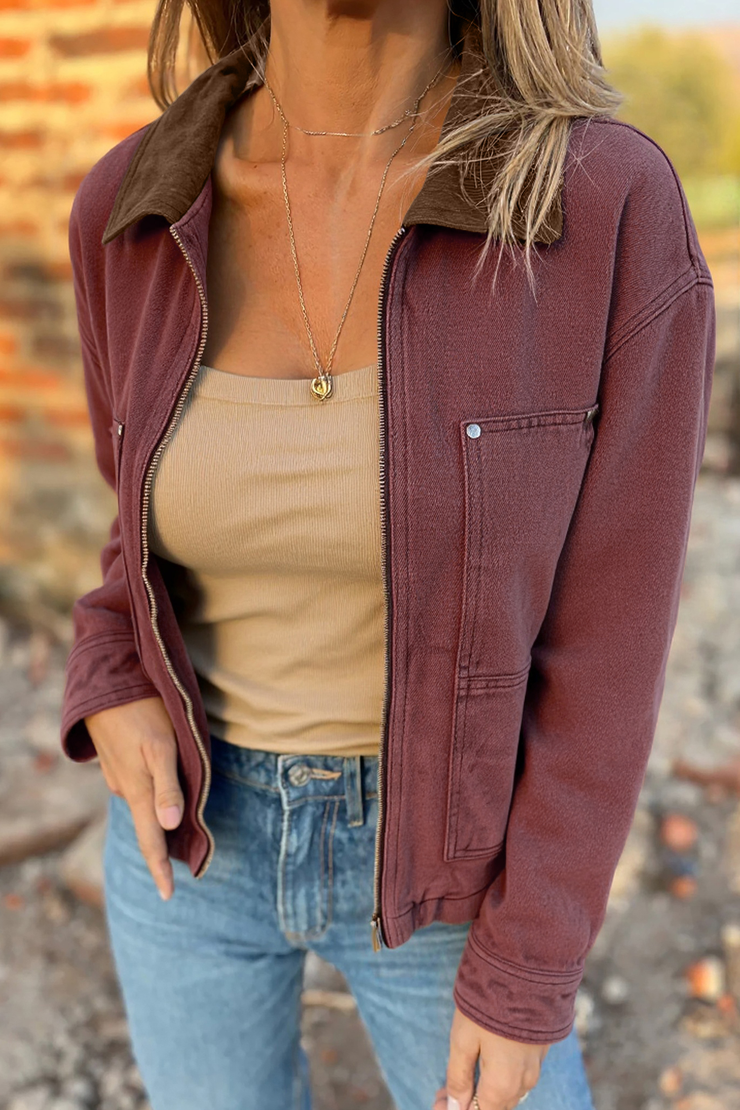 Coffee Corduroy Collar Zipped Front Denim Jacket - loveforevers