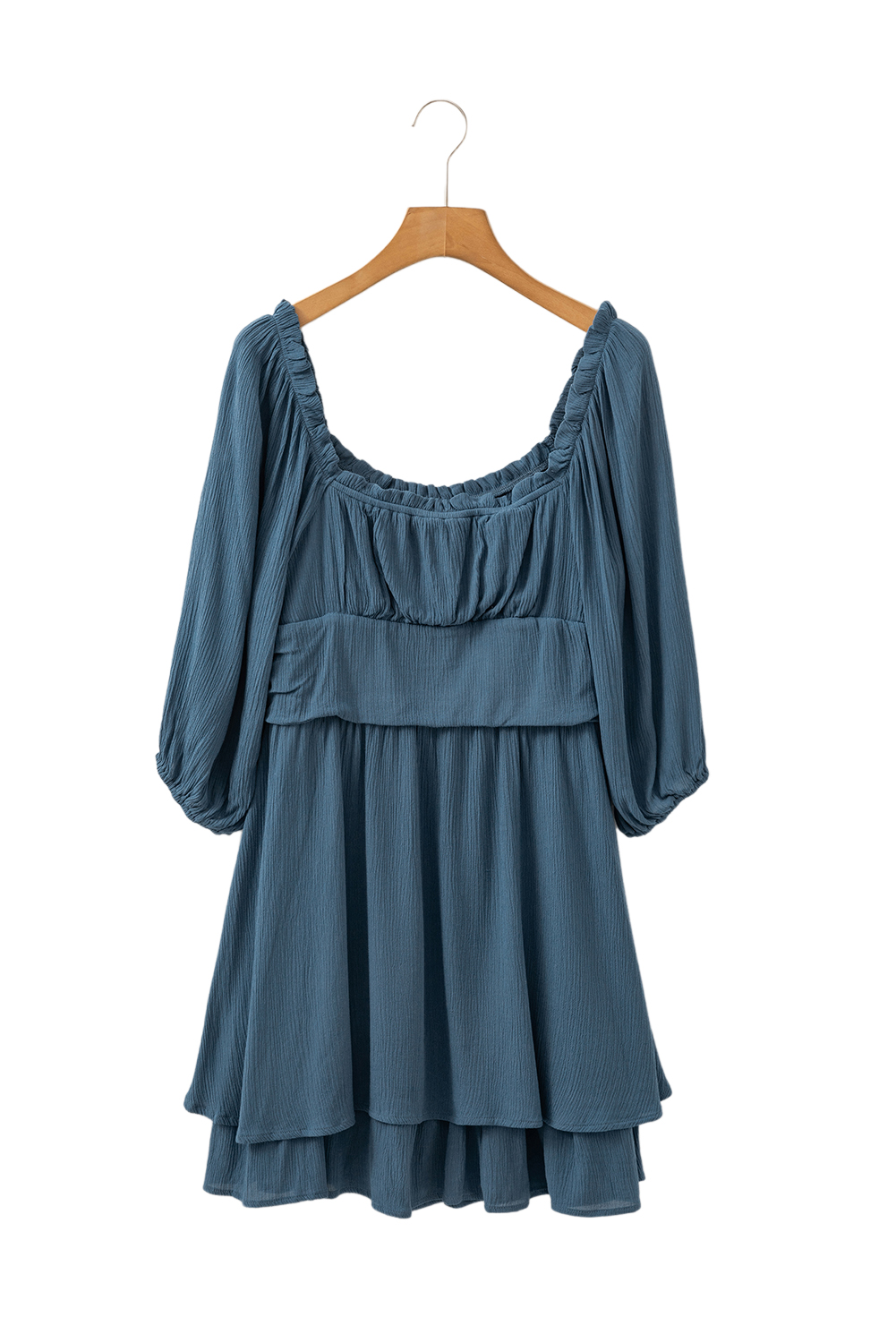 Real Teal Frilled Neckline 3/4 Sleeve Layered Ruched Mini Dress - loveforevers