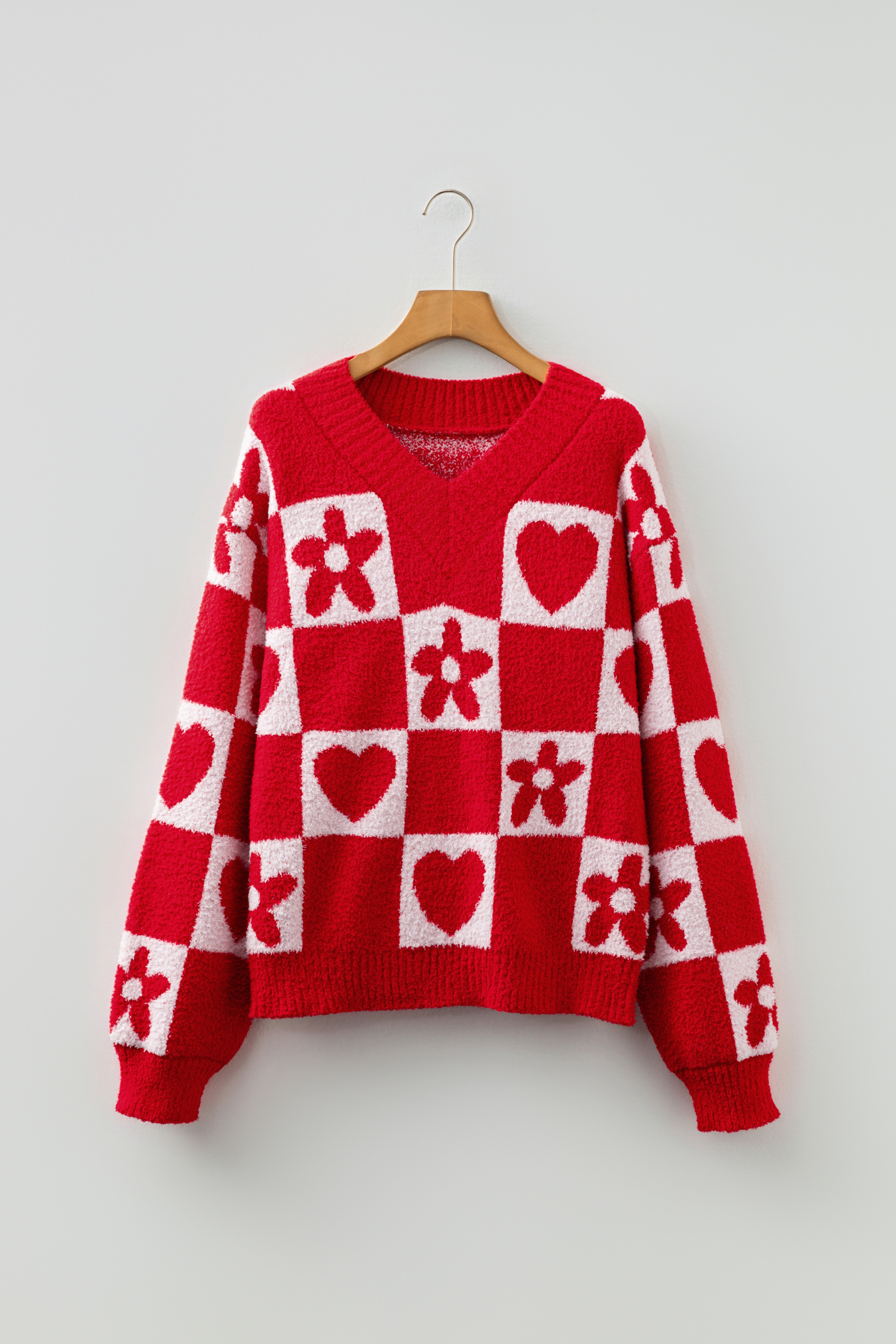 Fiery Red V Neck Flower Heart Detail Checkered Knit Loose Sweater - loveforevers