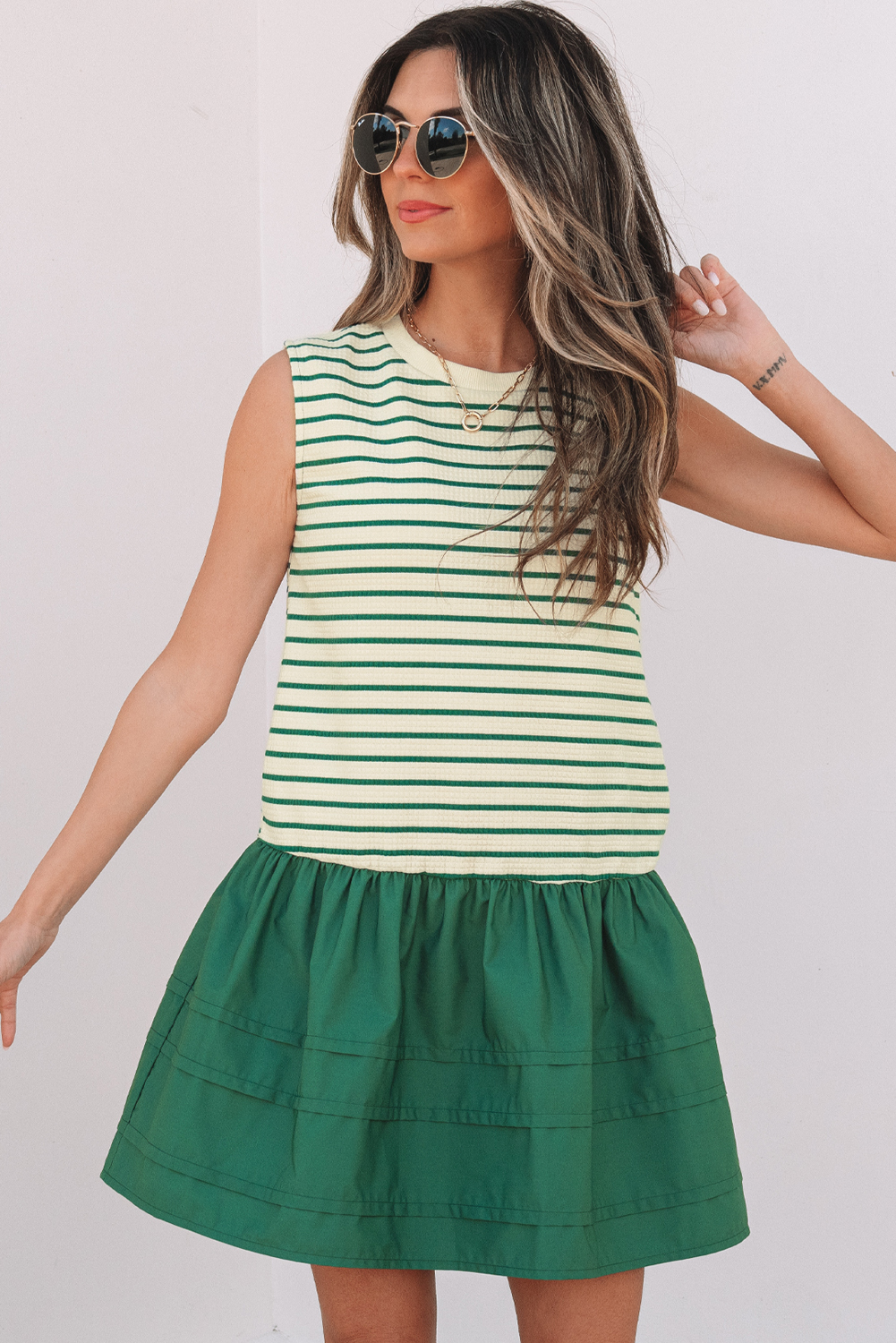 Green Stripe Woven Ruffled Sleeveless Mini Dress - loveforevers