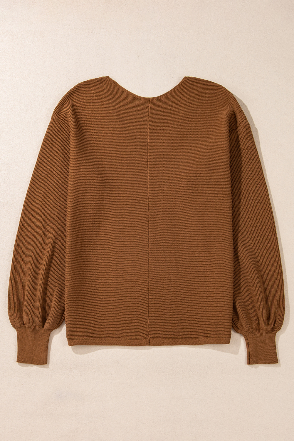 Camel Ribbed Knit Drop Sleeve V Neck Loose Fit Sweater - loveforevers