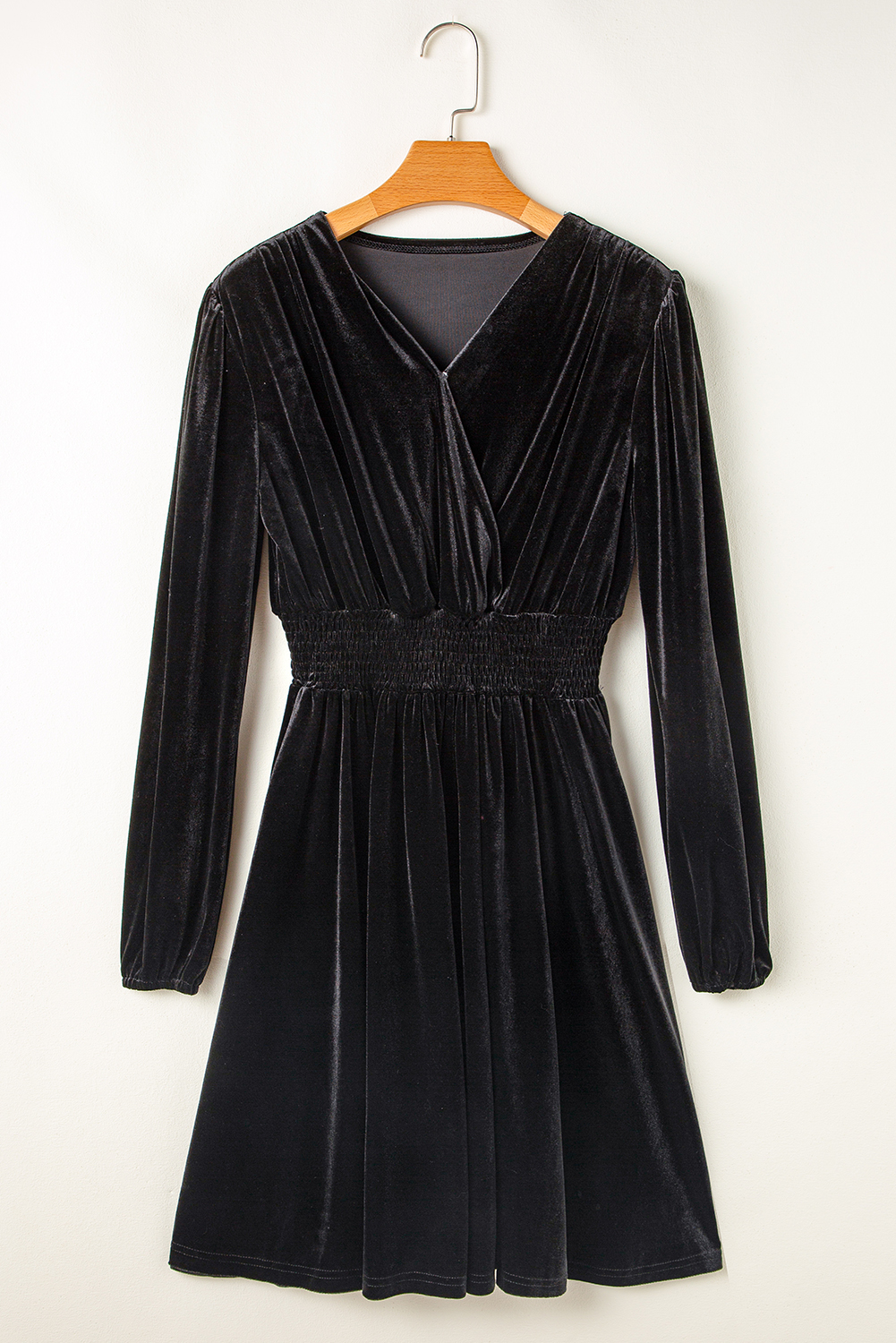 Black Velvet Long Sleeve Surplice High Waist Mini Dress - loveforevers