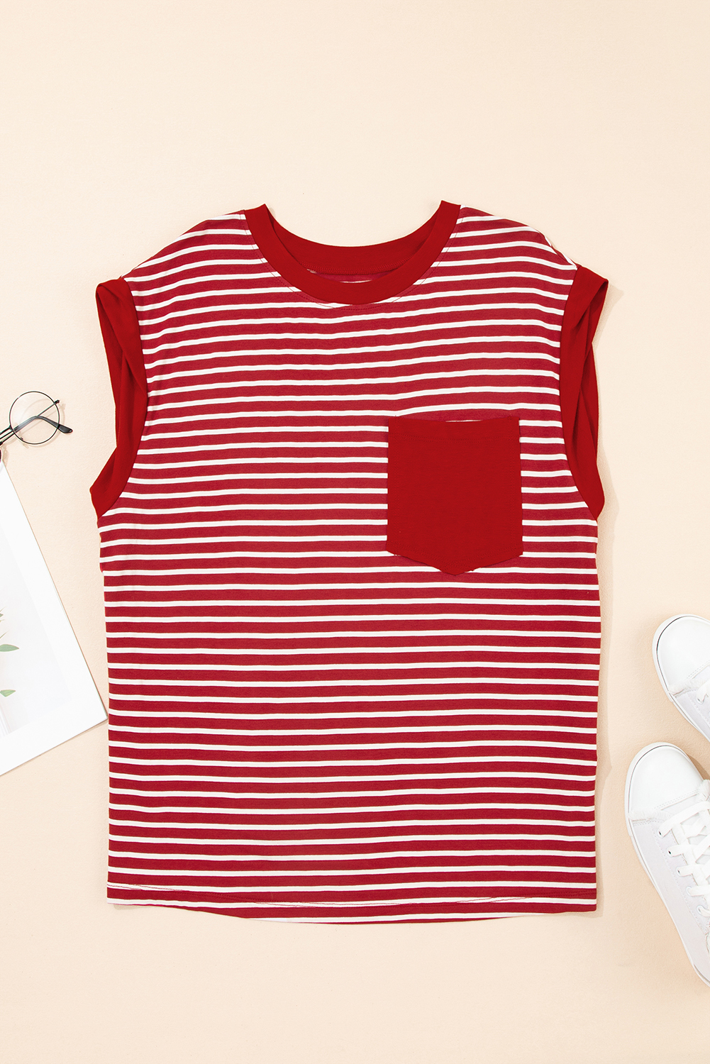 Red Stripe Chest Pocket Patch Round Neck Tank Top - loveforevers